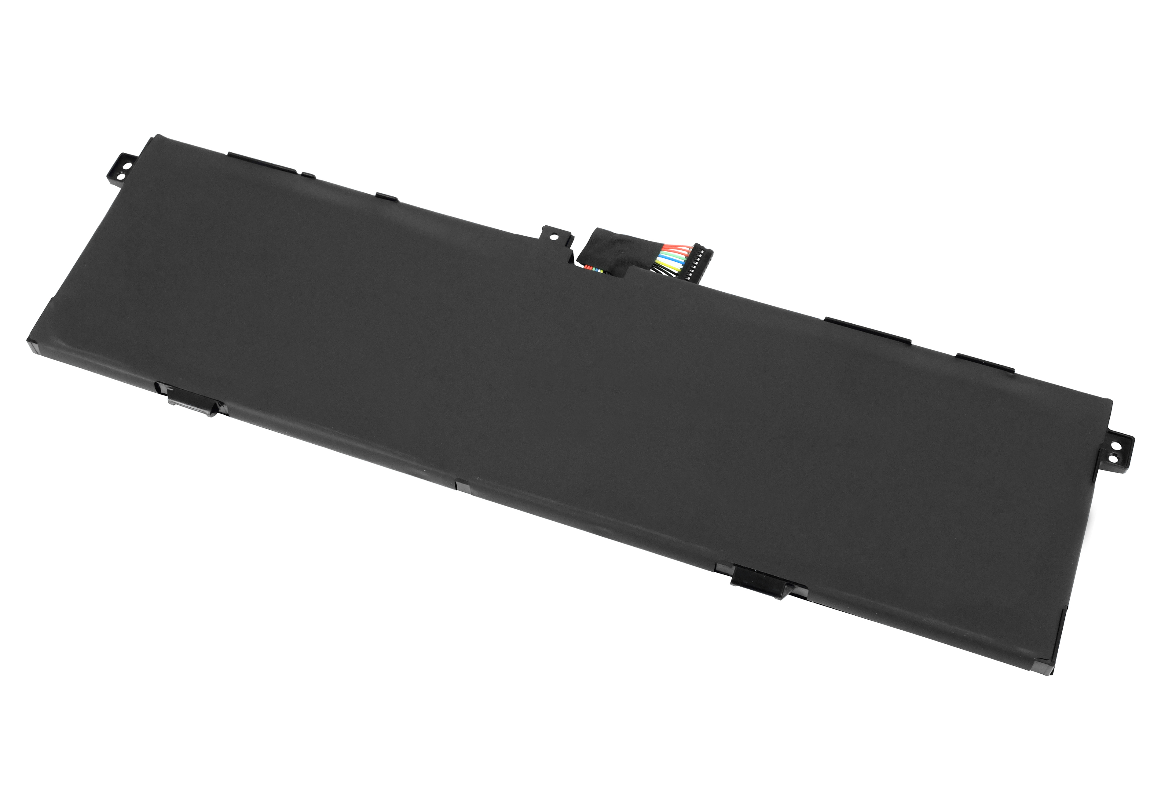 Schwarzer Laptop-Akku mit Kabeln und Anschlüssen, auf weißem Hintergrund.