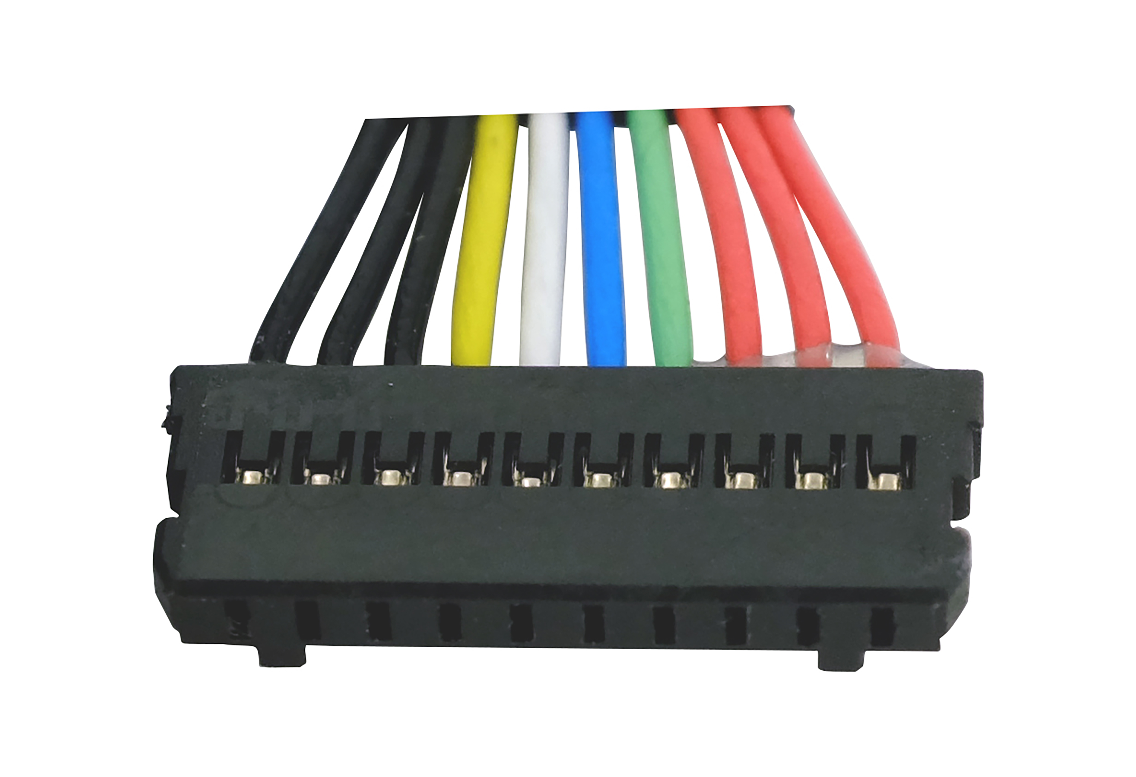 Schwarzer Stecker mit bunten Kabeln: schwarz, gelb, weiß, blau, grün, rot.