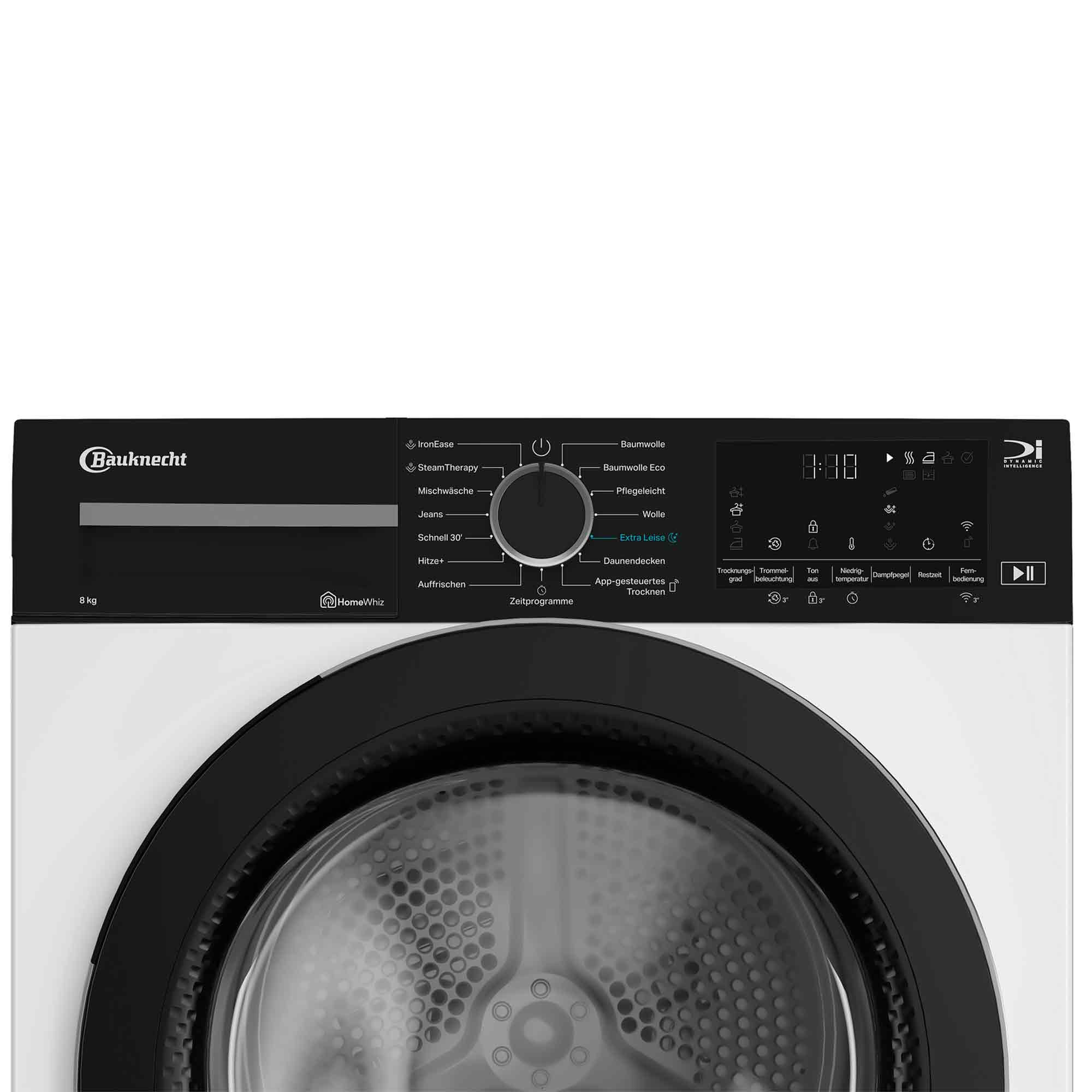Bauknecht Trockner mit digitalem Display, Drehknopf und verschiedenen Programmen.