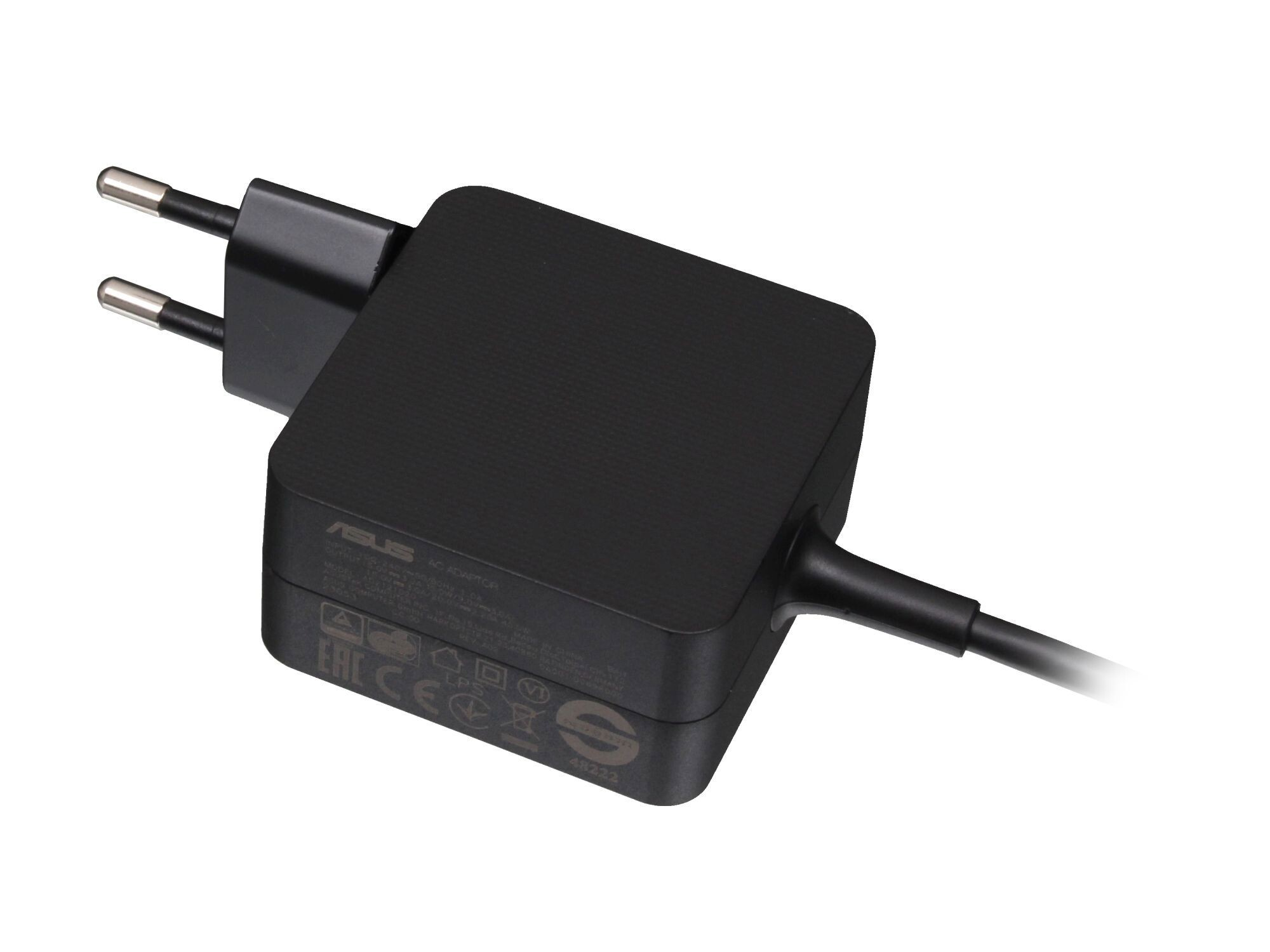 Schwarzes ASUS Netzteil mit zwei silbernen Stiften und Kabel auf weißem Hintergrund.