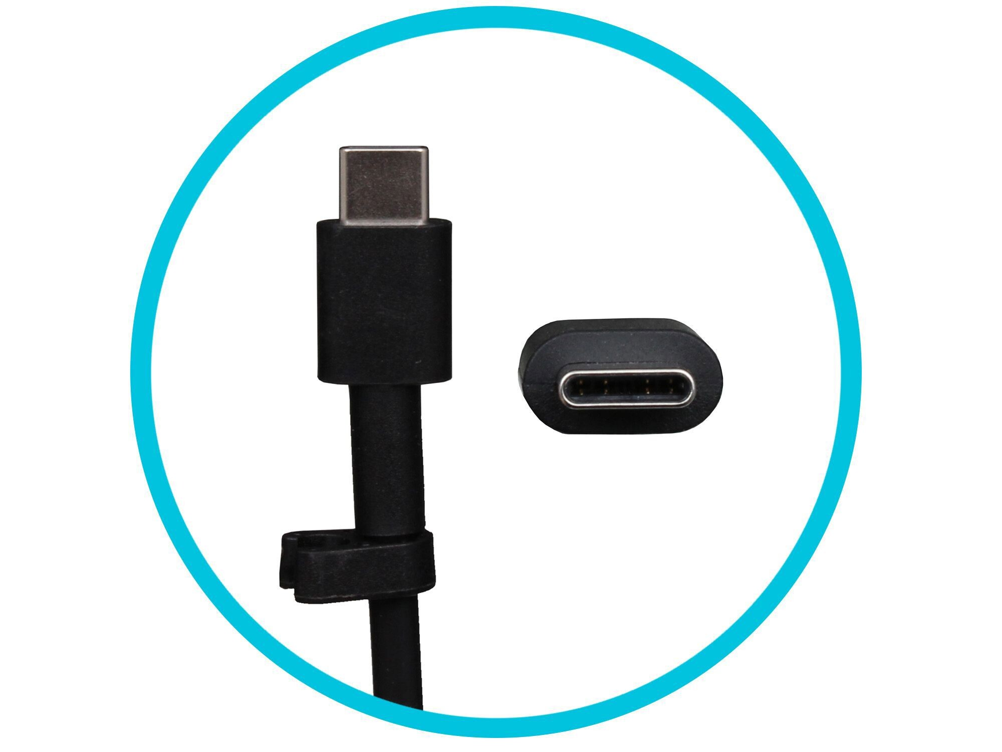 Ein schwarzes USB-C-Kabel mit Steckern, umgeben von einem blauen Kreis.
