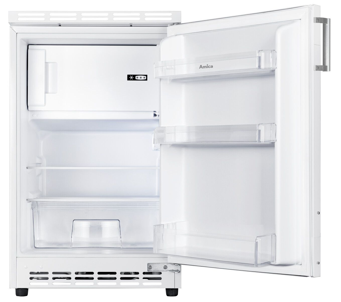 Ein leerer, weißer Kühlschrank mit geöffneter Tür und Regalen.