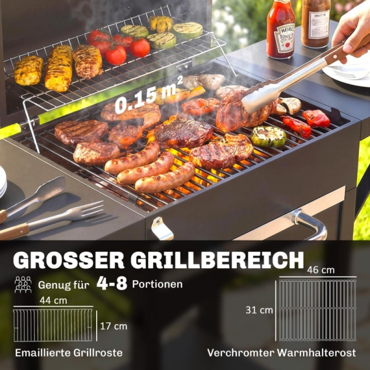 Grill mit Steaks, Würstchen, Mais, Tomaten und Zucchini. Großer Grillbereich.