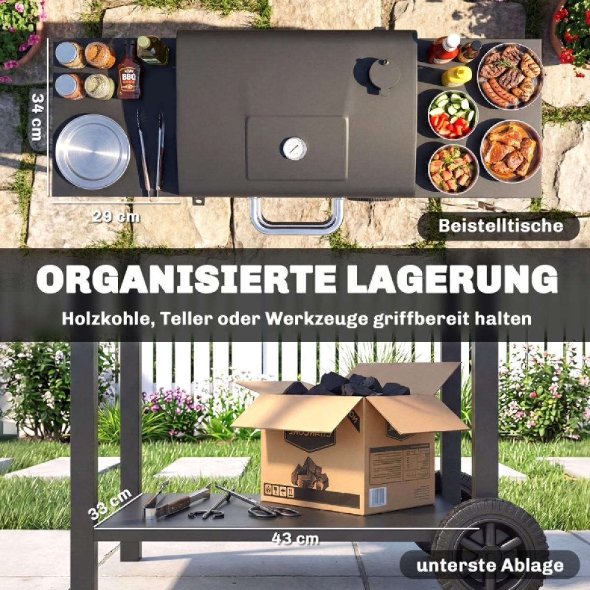 Ein Grill mit Beistelltischen, gefüllt mit Essen und Holzkohle.