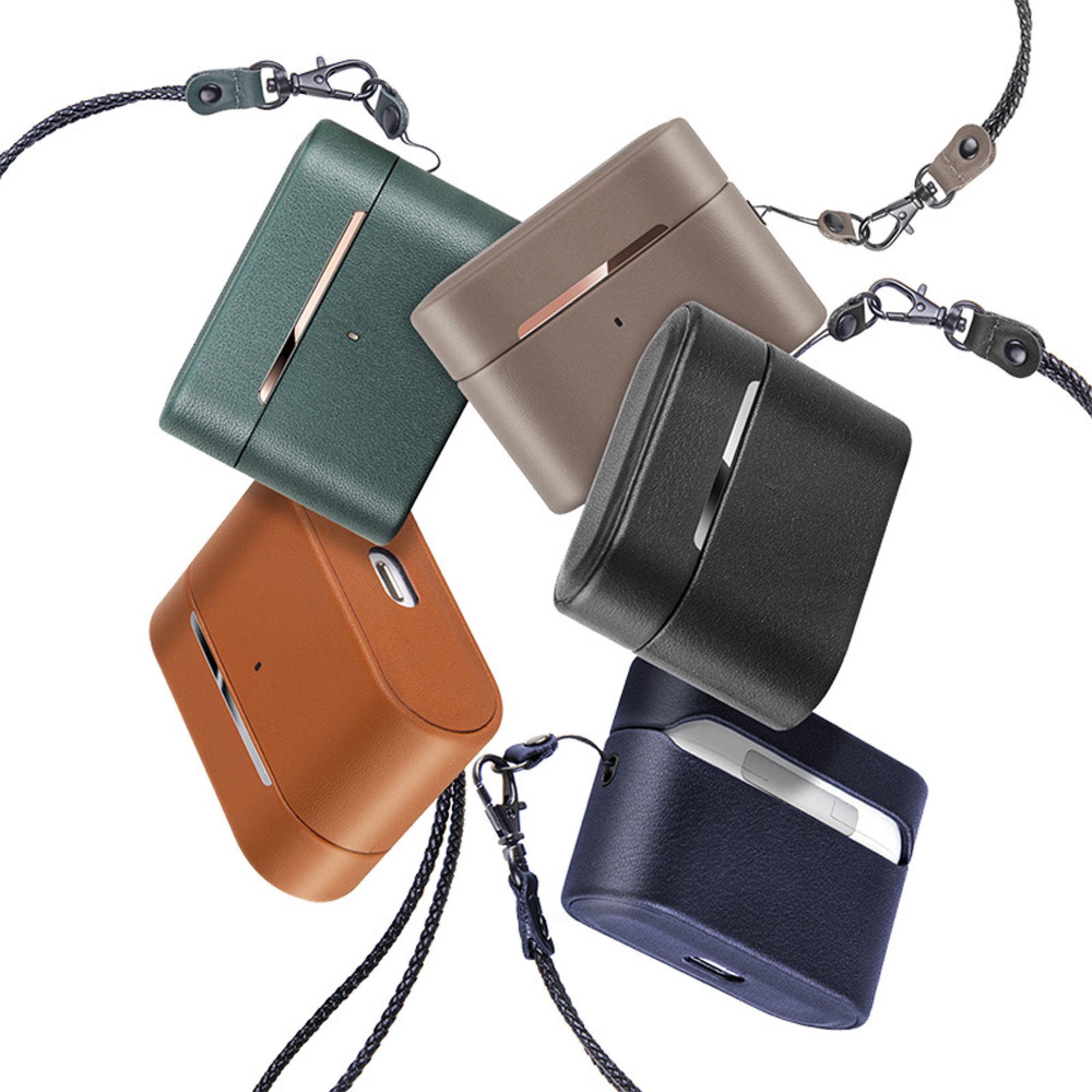 Fünf Leder-Kopfhörerhüllen in Grün, Braun, Schwarz, Dunkelblau mit Lanyards.
