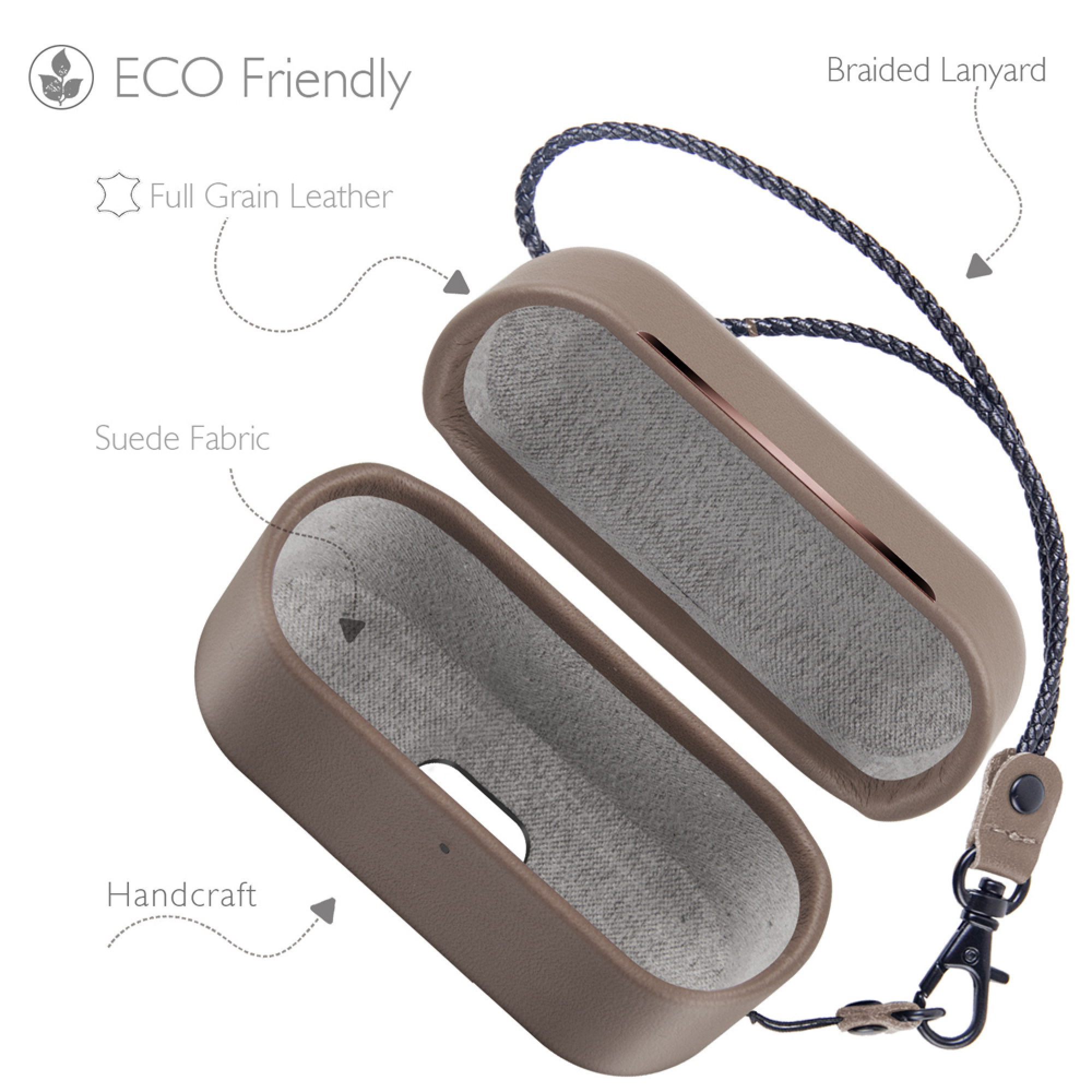 Braunes Lederetui mit geflochtenem Lanyard, innen mit Wildleder ausgekleidet.