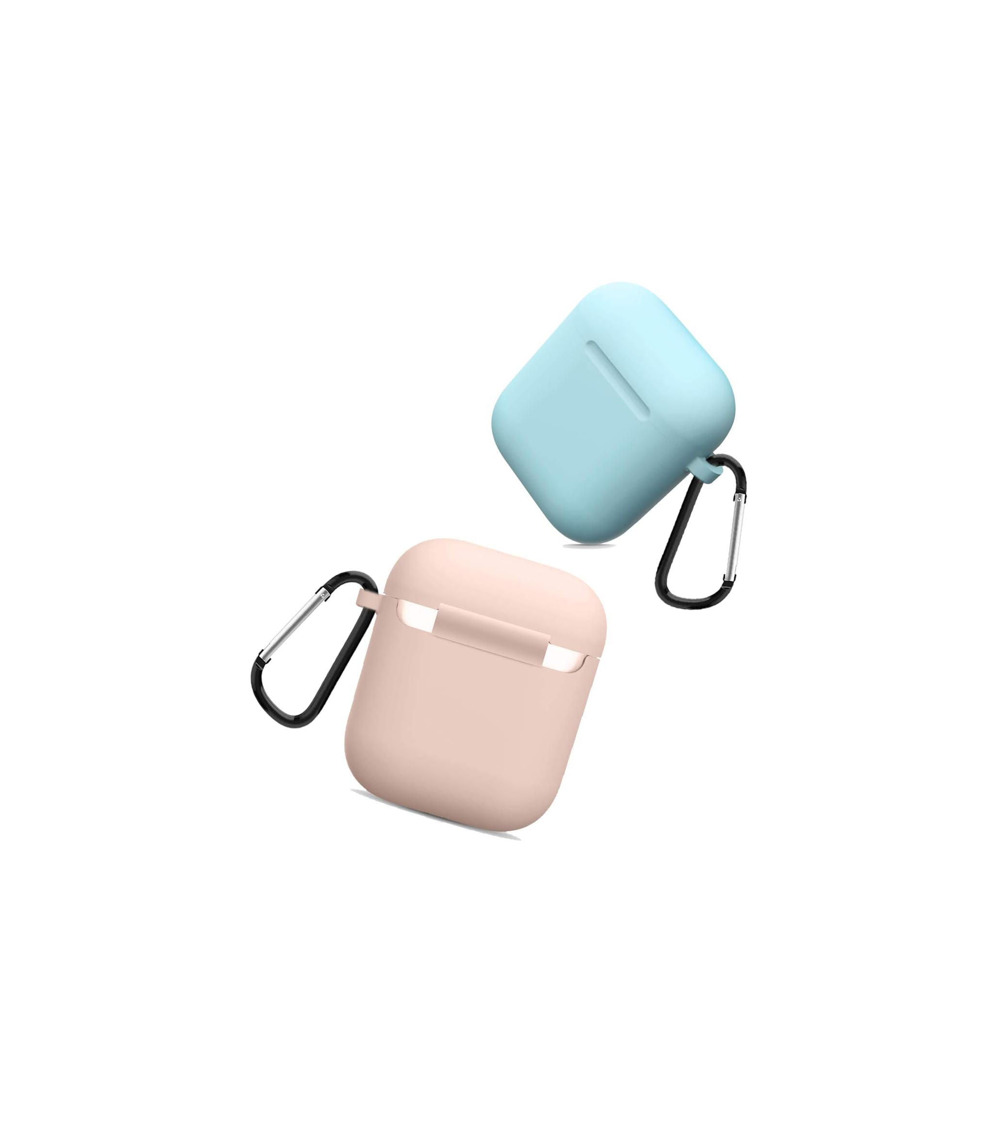 Zwei silikon Hüllen für Kopfhörer, eine hellblau, eine rosa, mit Karabinern.