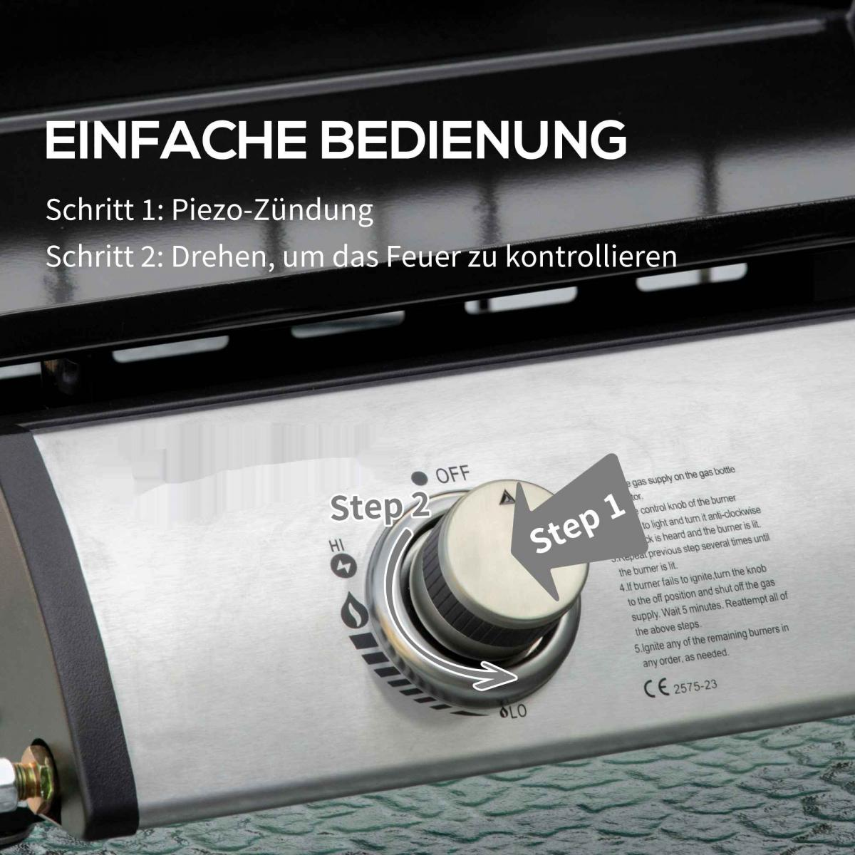 Nahaufnahme eines Gasgrillknopfes mit "Step 1" und "Step 2" Anweisungen.