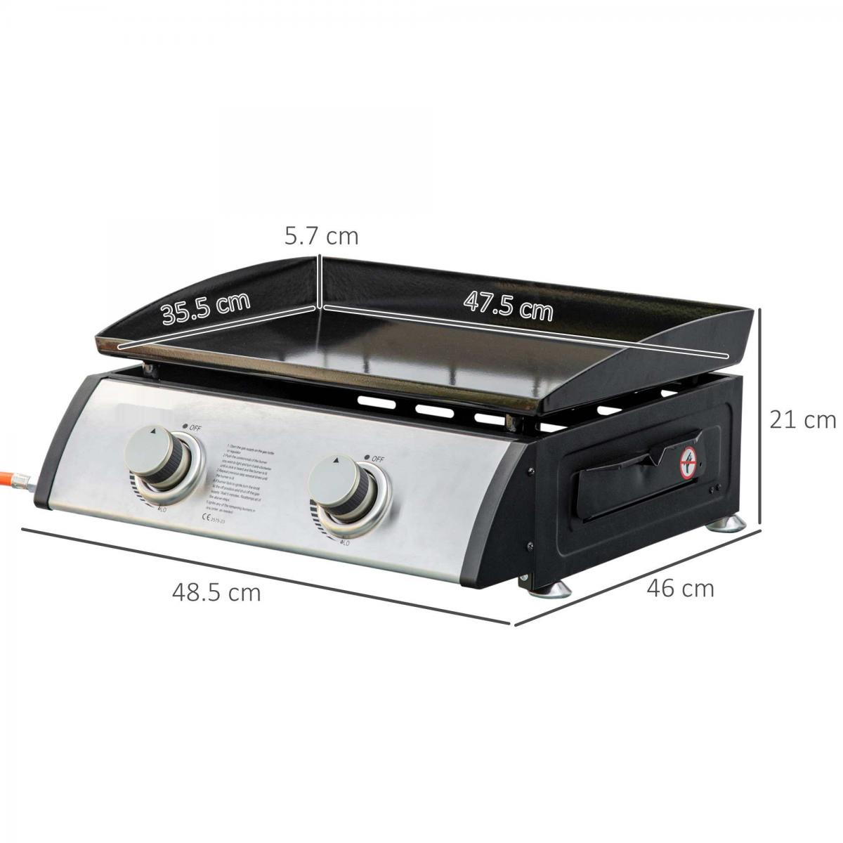 Zwei-Brenner-Grillplatte mit Edelstahlfront und schwarzen Seiten.