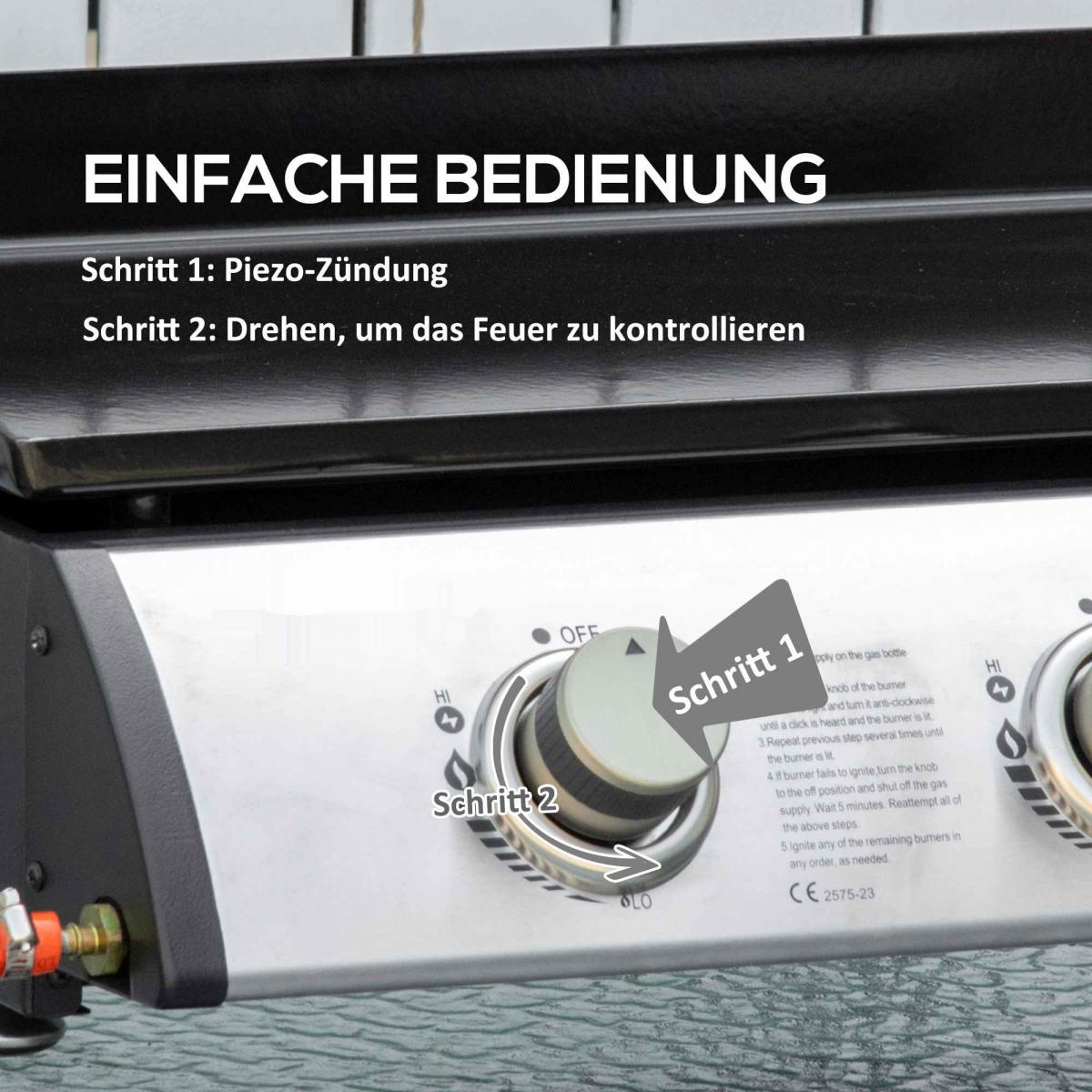 Nahaufnahme eines Gasgrills mit Bedienelementen und Anweisungen.