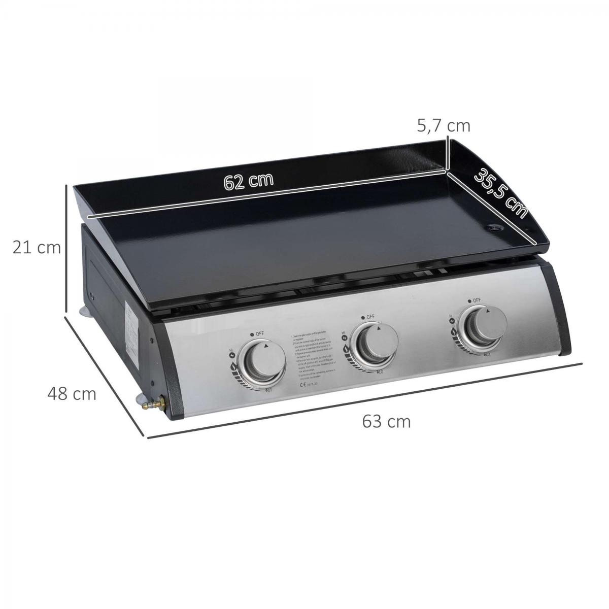 Ein schwarzer Grill mit drei silbernen Knöpfen und Maßen.