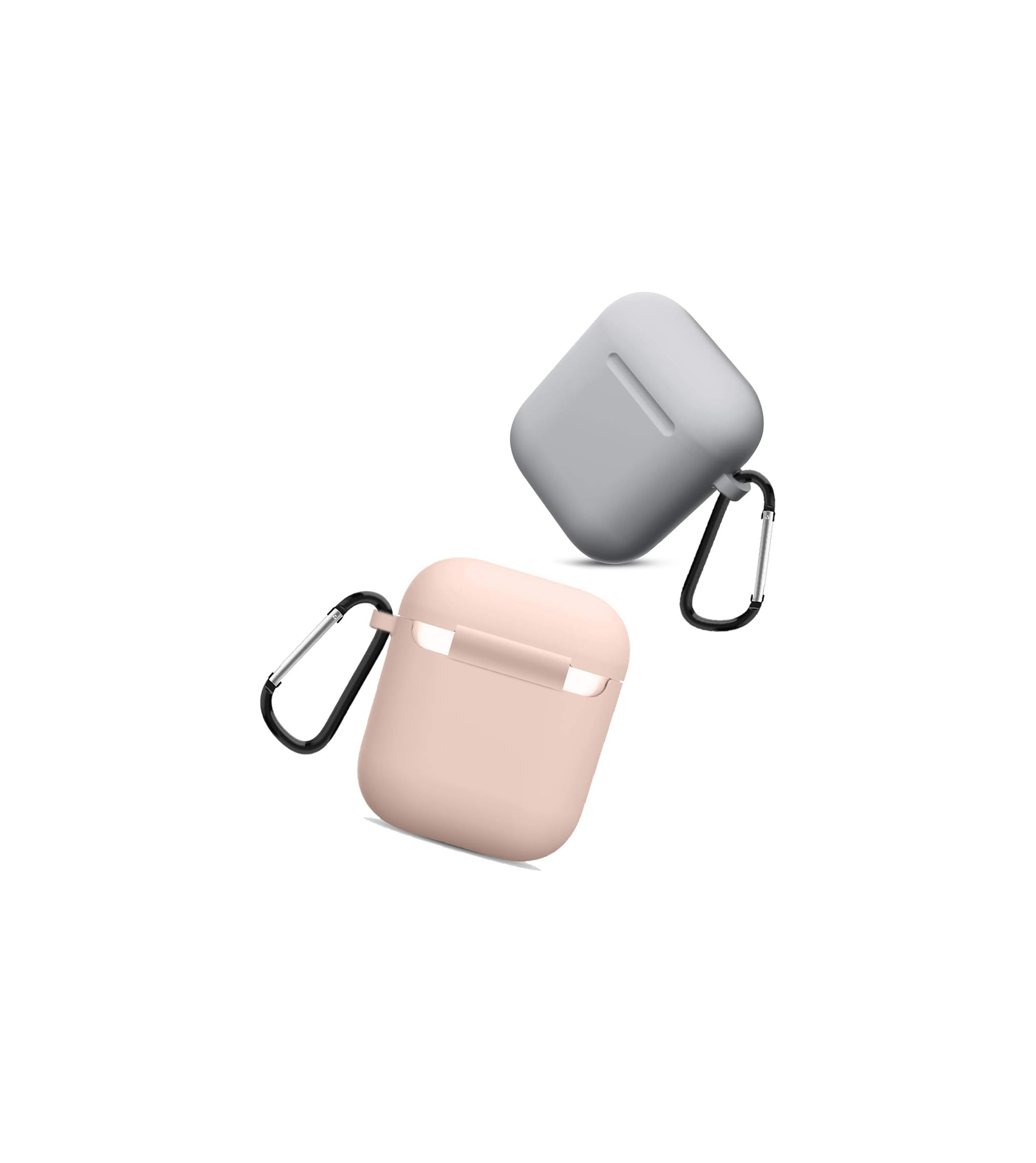 Zwei AirPods-Hüllen, eine rosa und eine graue, mit Karabinern.