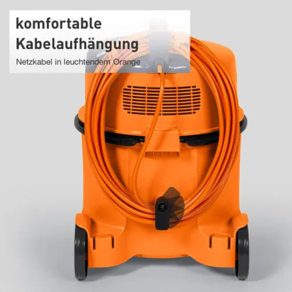 Orange Staubsauger mit aufgewickeltem Kabel und Rädern
