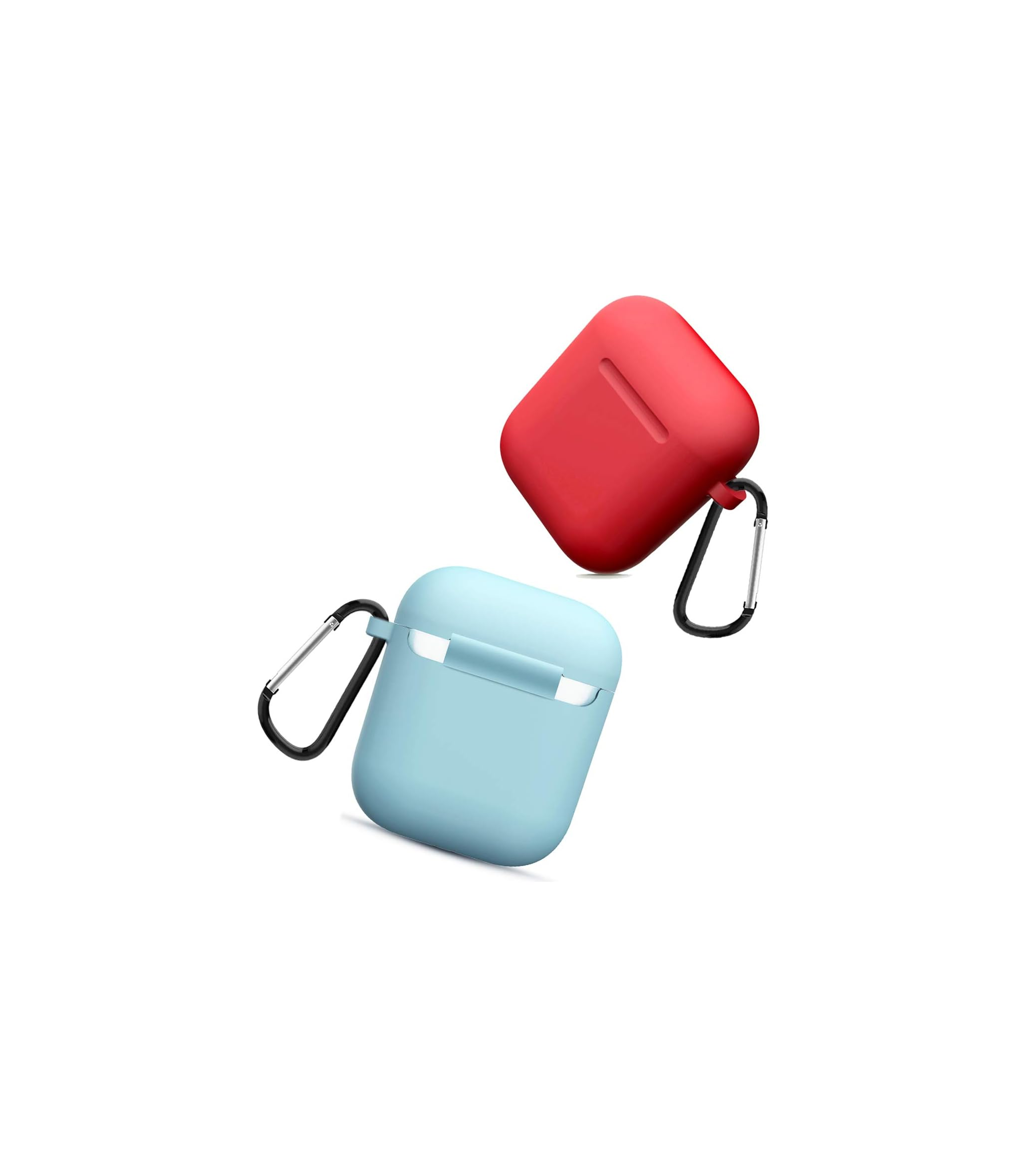 Zwei AirPods-Hüllen, eine hellblau, eine rot, mit Karabinern.