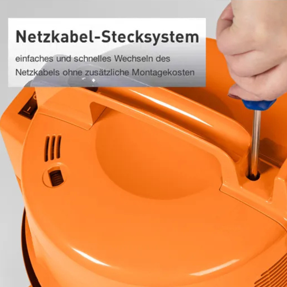 Eine Hand schraubt an einem orangefarbenen Gerät. Text im Bild.