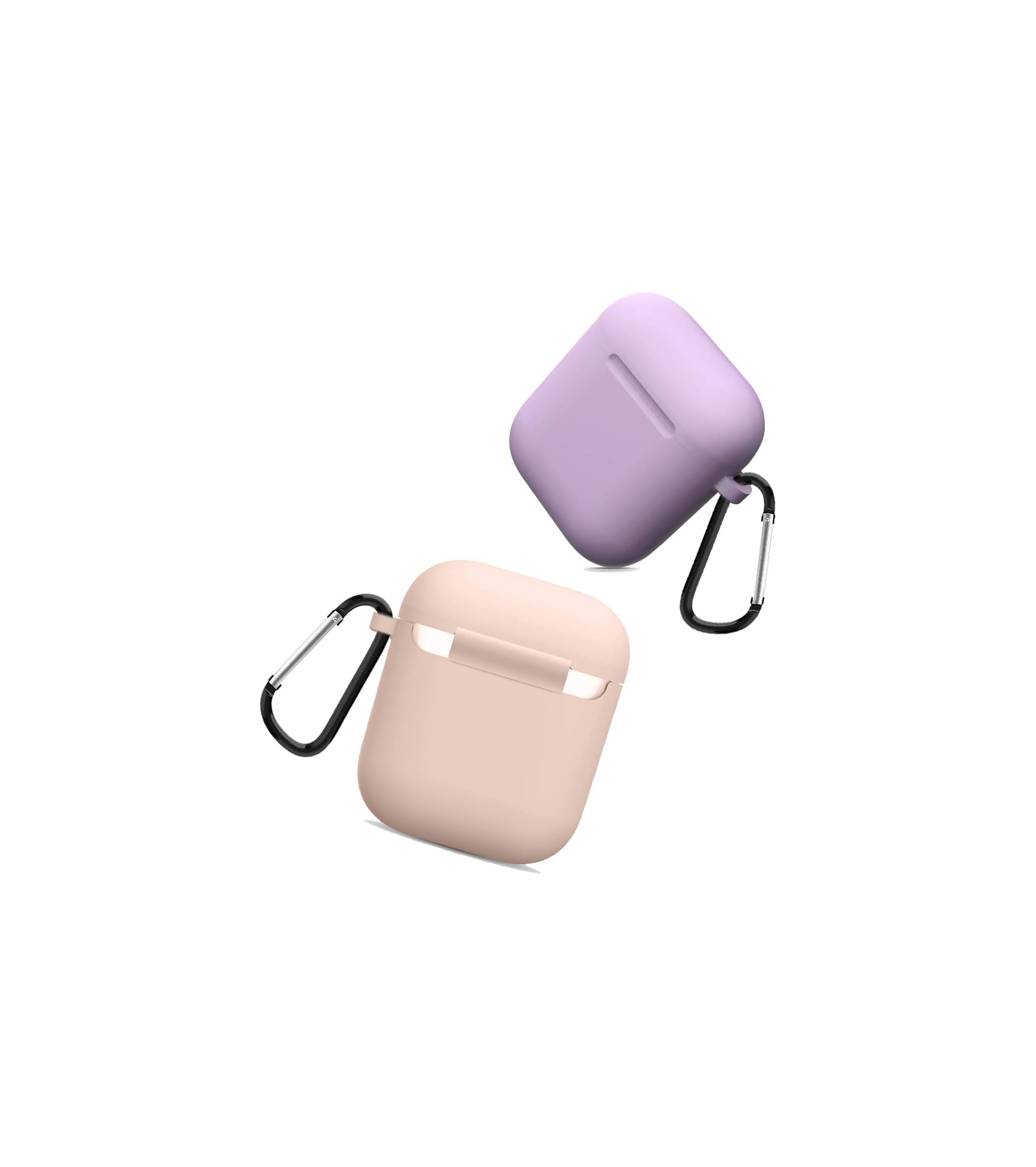 Zwei Kopfhörerhüllen, eine lila und eine beige, mit Karabinerclips.