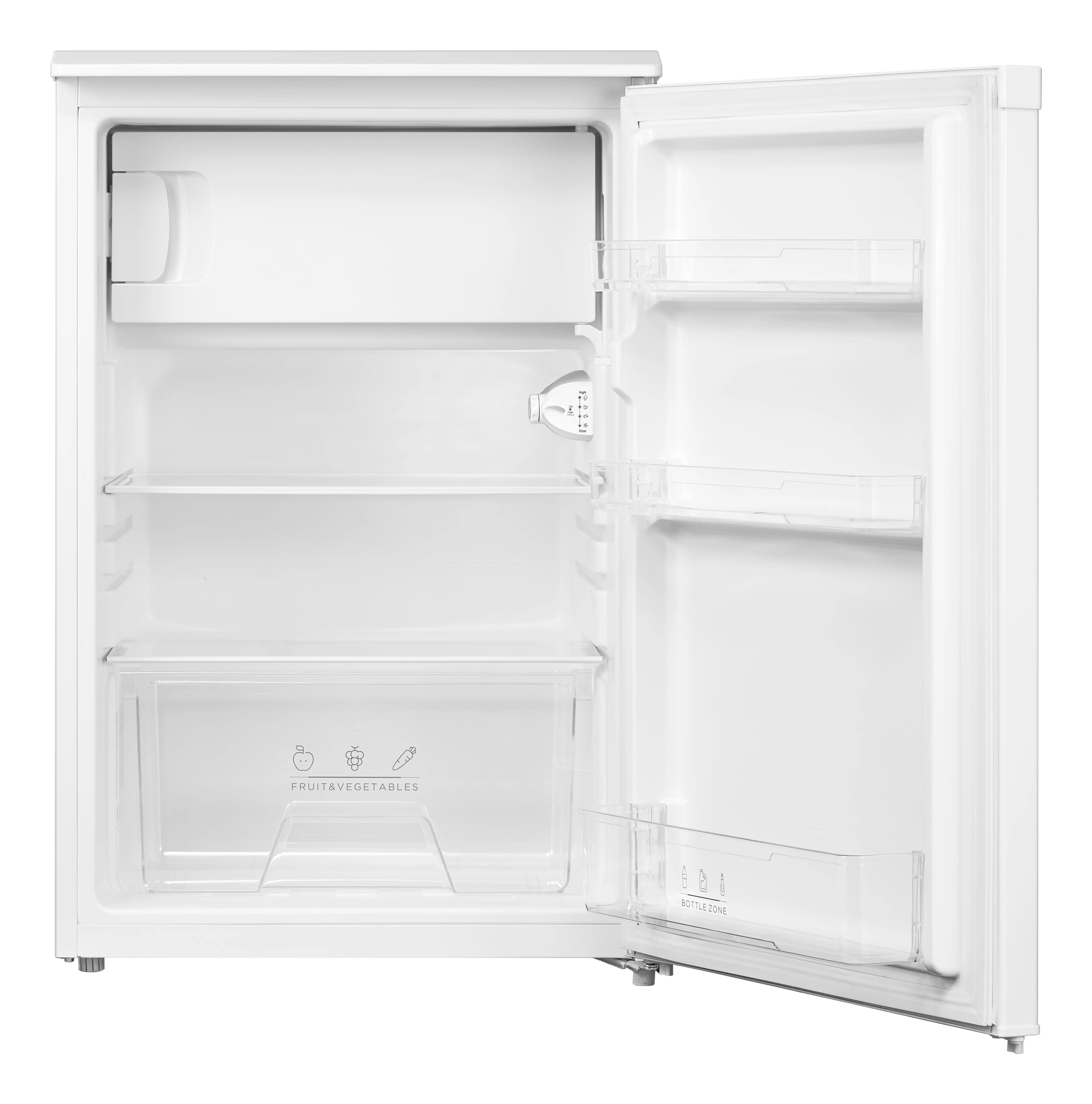 Un refrigerador blanco vacío con la puerta abierta, mostrando estantes y un cajón para verduras.