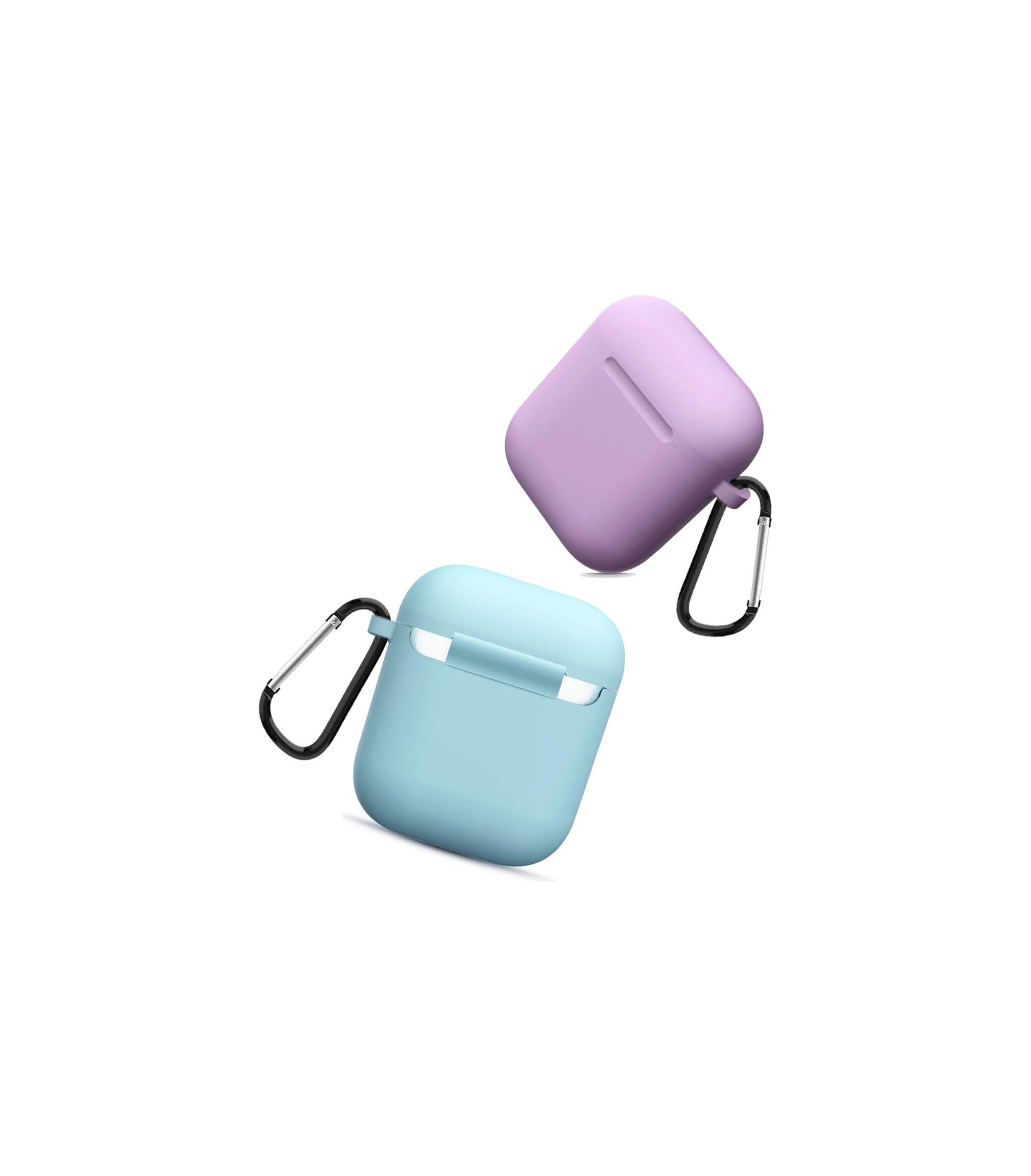 Zwei AirPods-Hüllen, eine hellblau und eine lavendelfarben, mit Karabinern.
