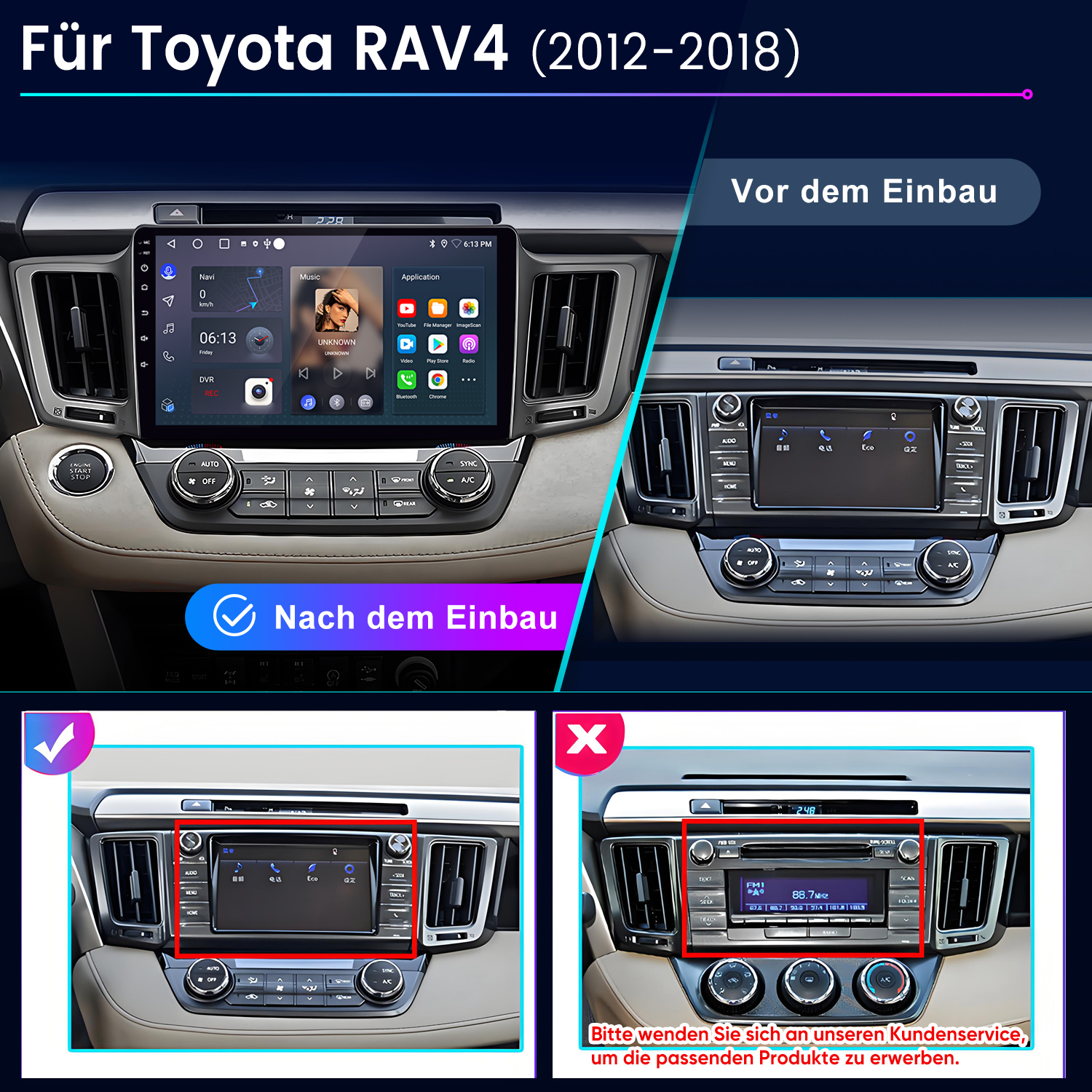 Vergleich zweier Toyota RAV4 Infotainmentsysteme: Vor und nach dem Einbau.