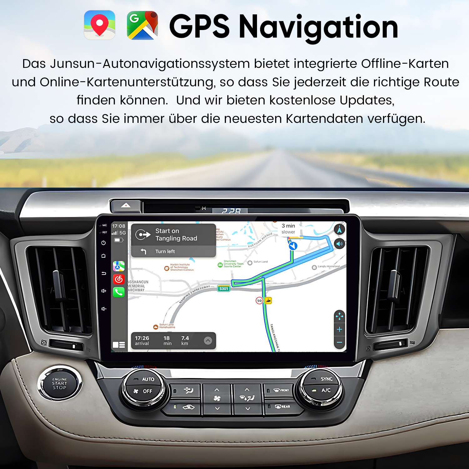 Armaturenbrett mit Navigationsbildschirm, der eine Straßenkarte zeigt.