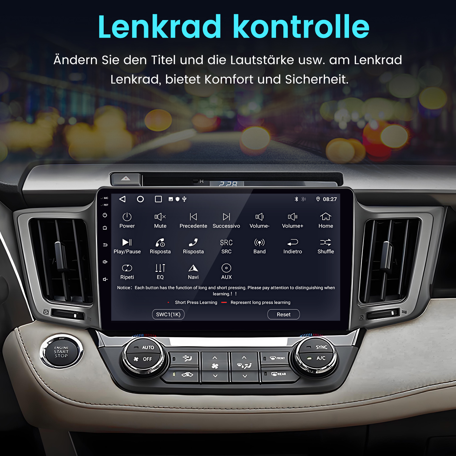 Armaturenbrett eines Autos mit einem Touchscreen-Infotainmentsystem und Bedienelementen.
