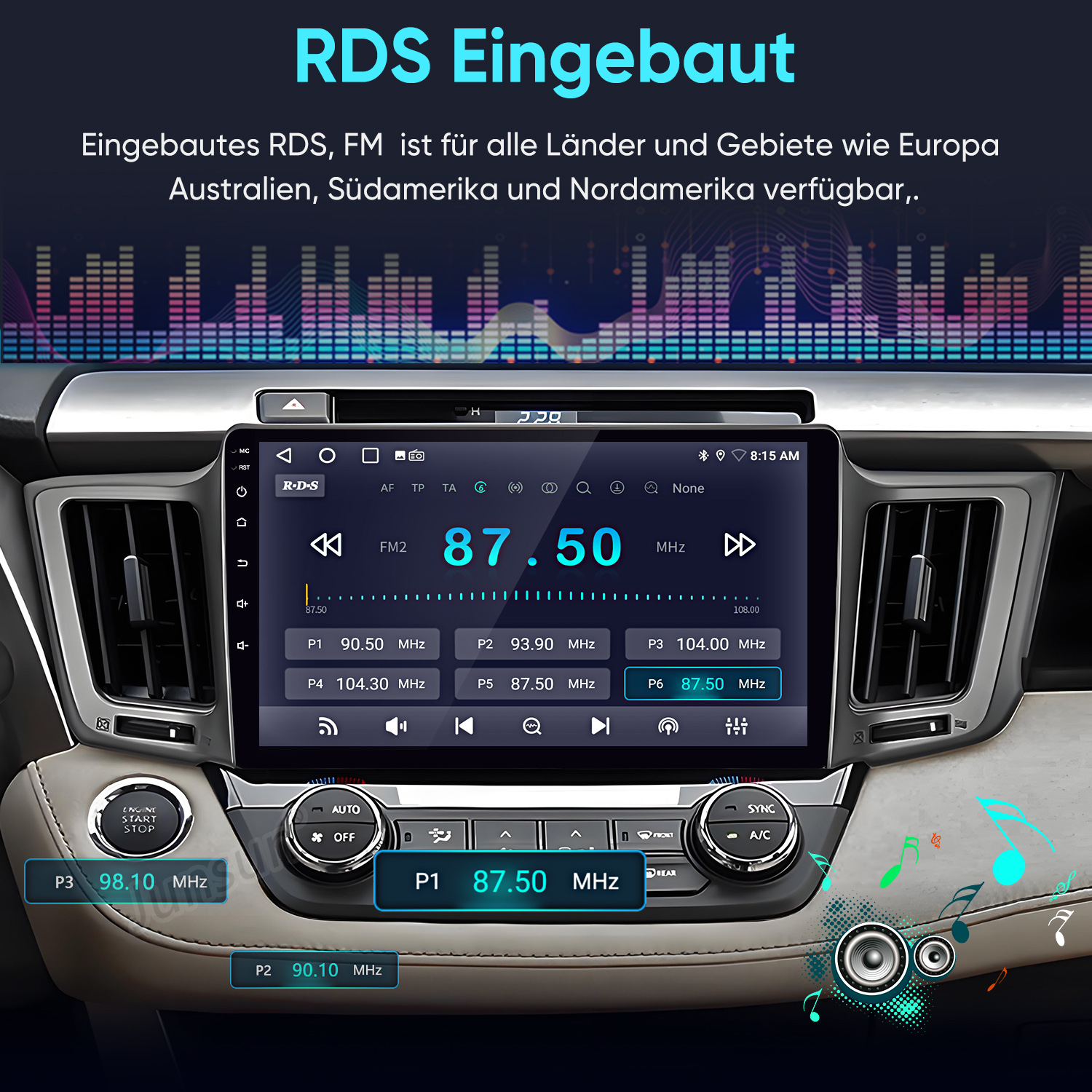 Ein Autoradio mit RDS-Anzeige, das 87.50 MHz zeigt.