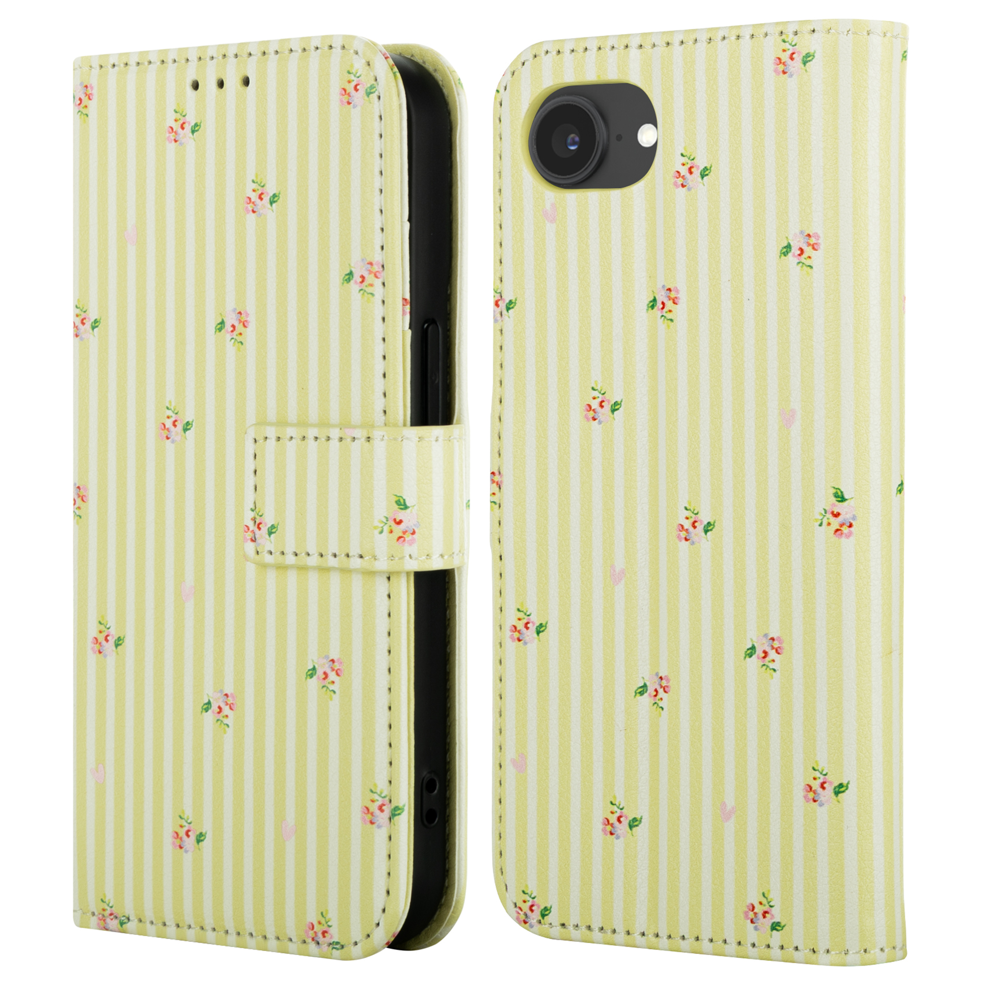 A yellow phone case with vertical stripes and small floral patterns.