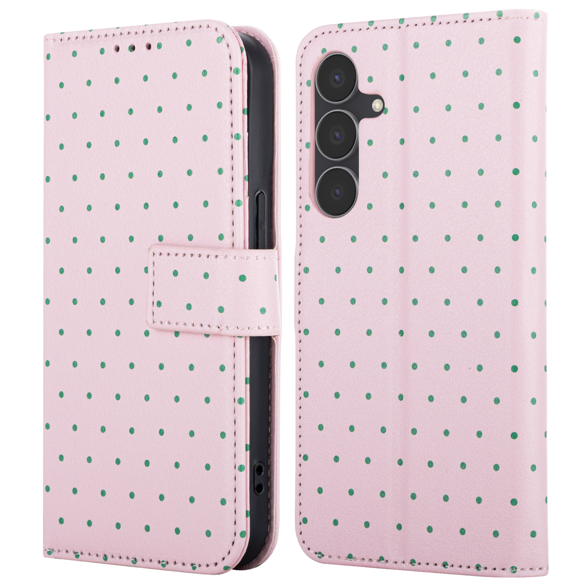 A pink phone case with green dots, open showing the phone.