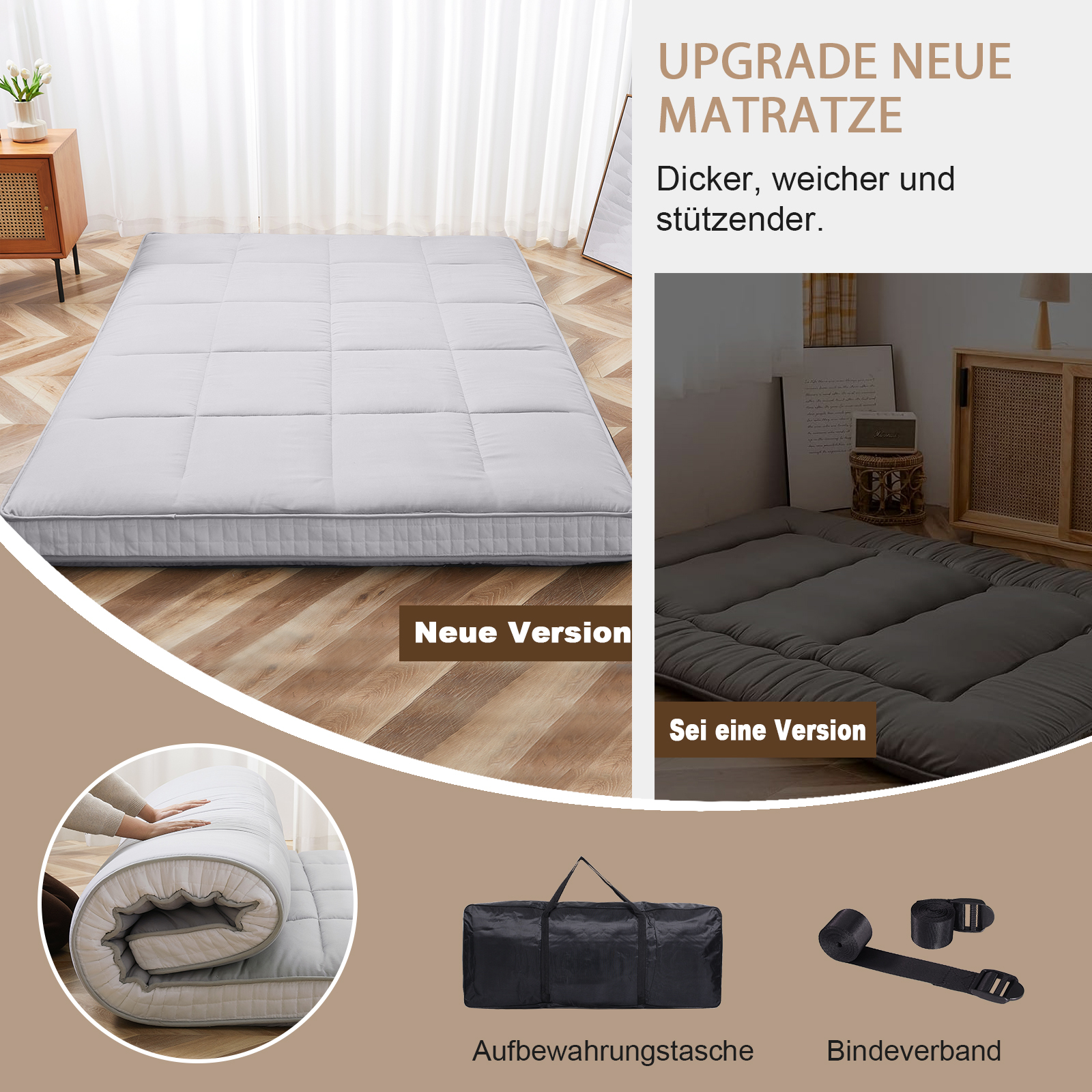 Graue Matratze, faltbar, mit Aufbewahrungstasche und Bändern.