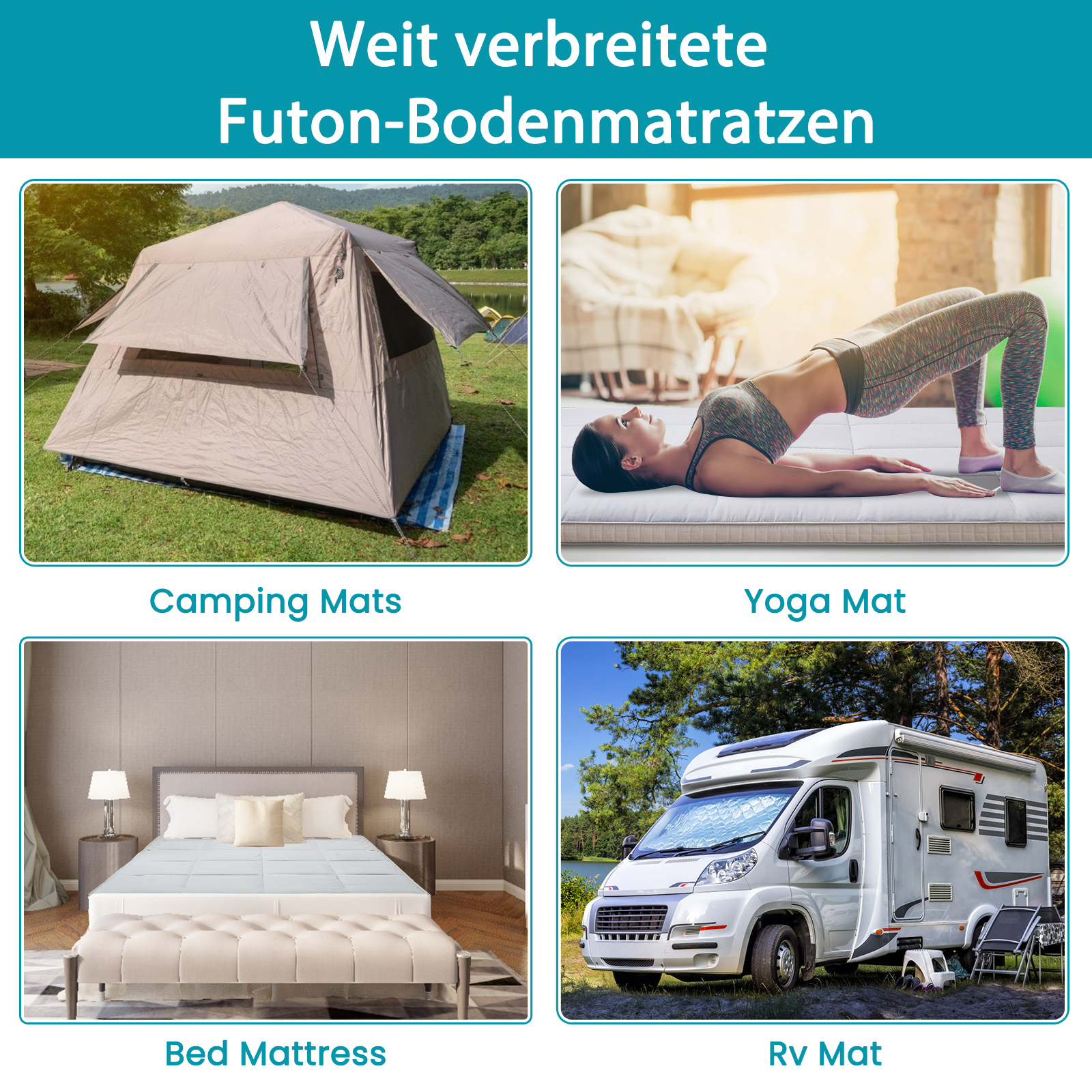 Vier Matratzen: Campingzelt, Yoga, Bett, Wohnmobil.
