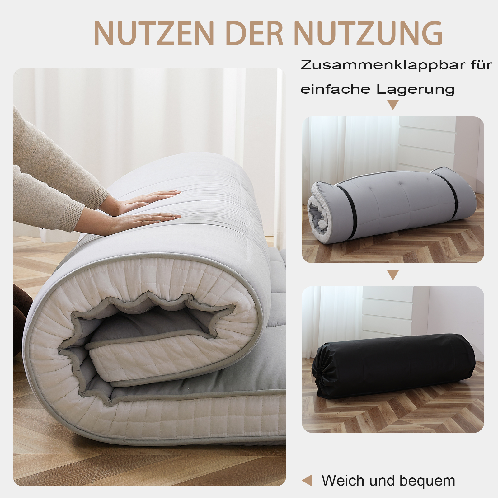 Graue Matratze wird zusammengerollt und in schwarzer Tasche verstaut.