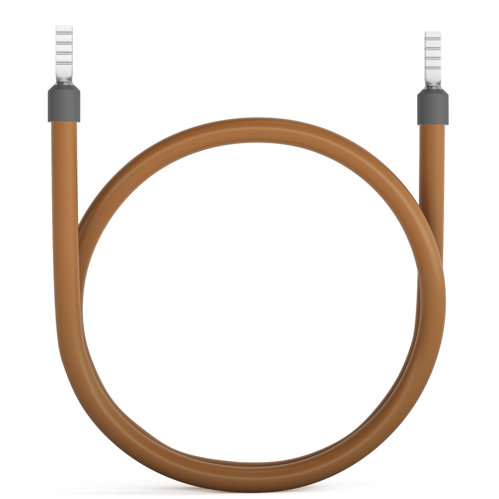 Ein braunes Kabel mit silbernen Steckern ist zu einem Kreis geformt.