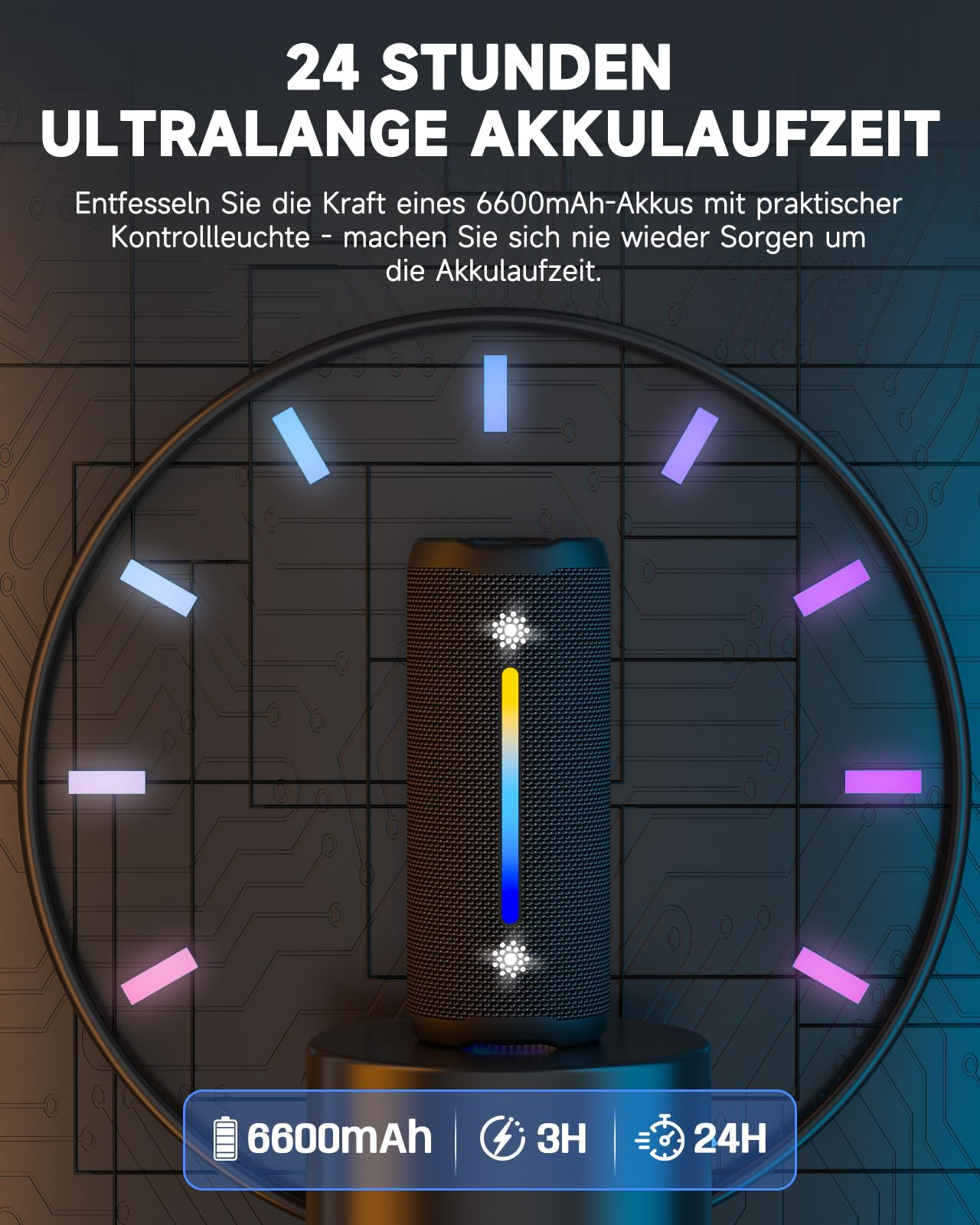 Ein Lautsprecher mit 6600mAh Akku, angezeigt durch eine Uhr mit bunten Lichtern.