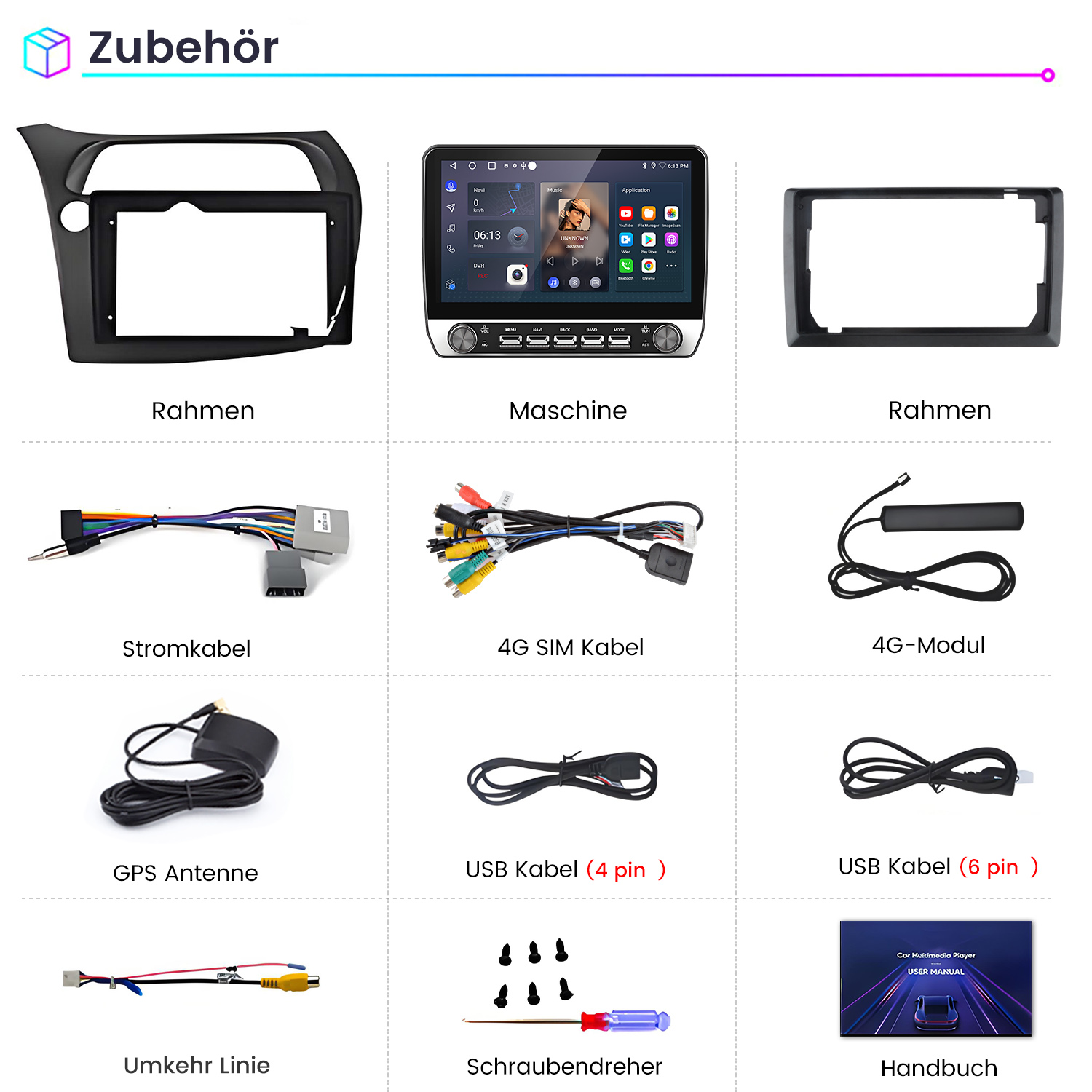 Zubehör: Rahmen, Maschine, Kabel, Antenne, Schraubendreher und Handbuch.