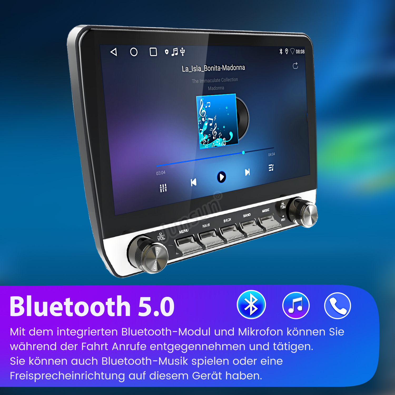 Ein Autoradio mit Touchscreen zeigt Musikwiedergabe an. Unten steht "Bluetooth 5.0".