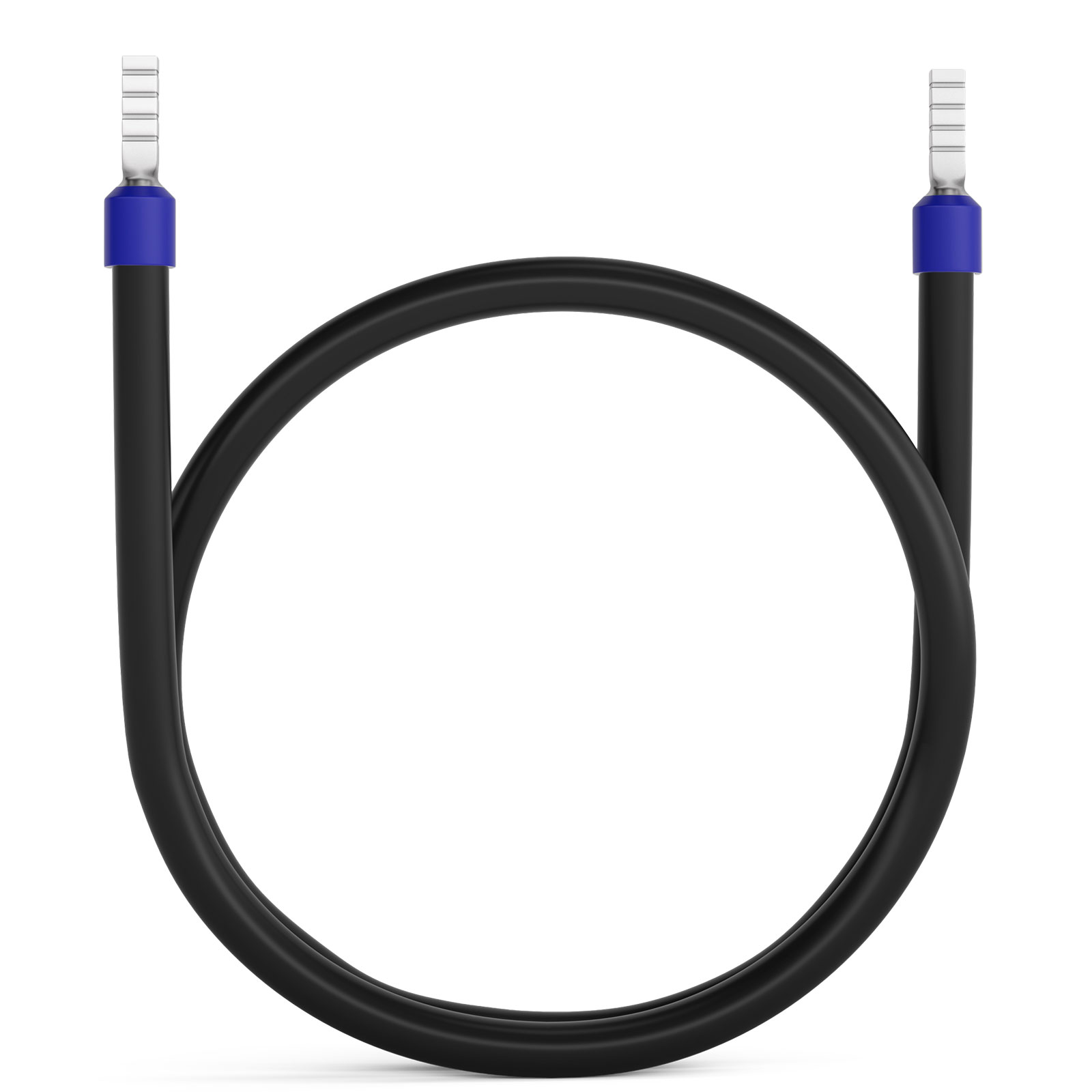 Schwarzes Kabel mit blauen Steckern und silbernen Endstücken, in einer Schleife.