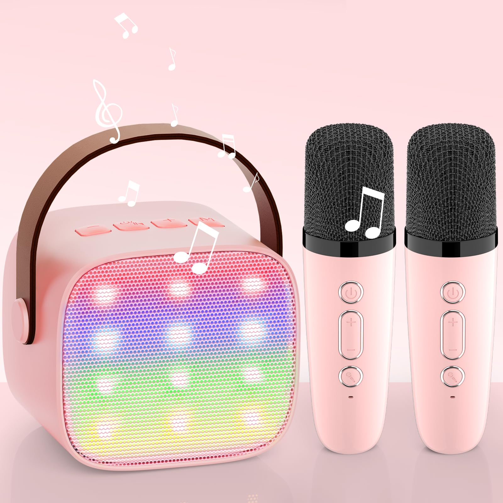Ein rosafarbener Lautsprecher mit Regenbogen-LEDs und zwei Mikrofonen.