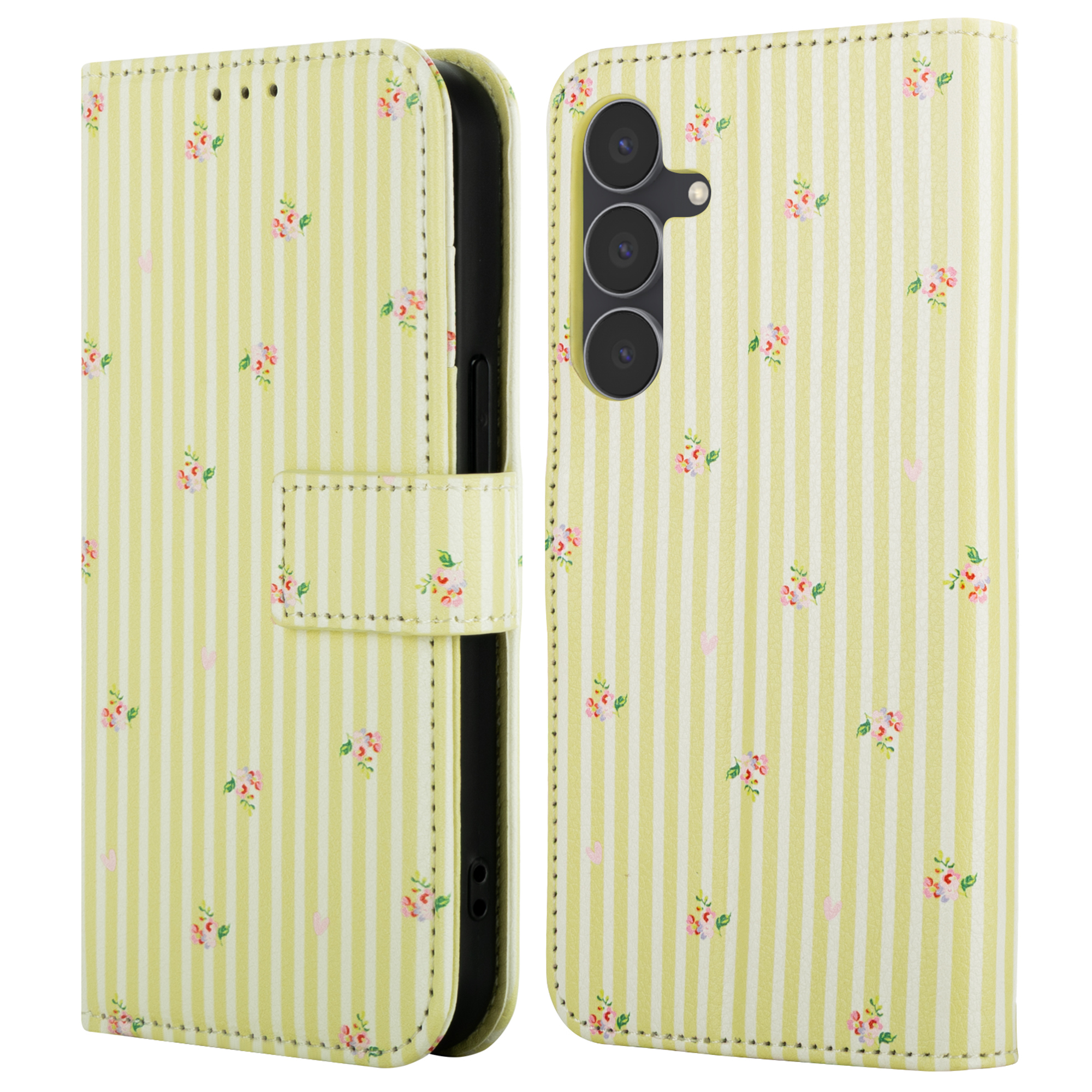 Yellow phone case with stripes and floral pattern.