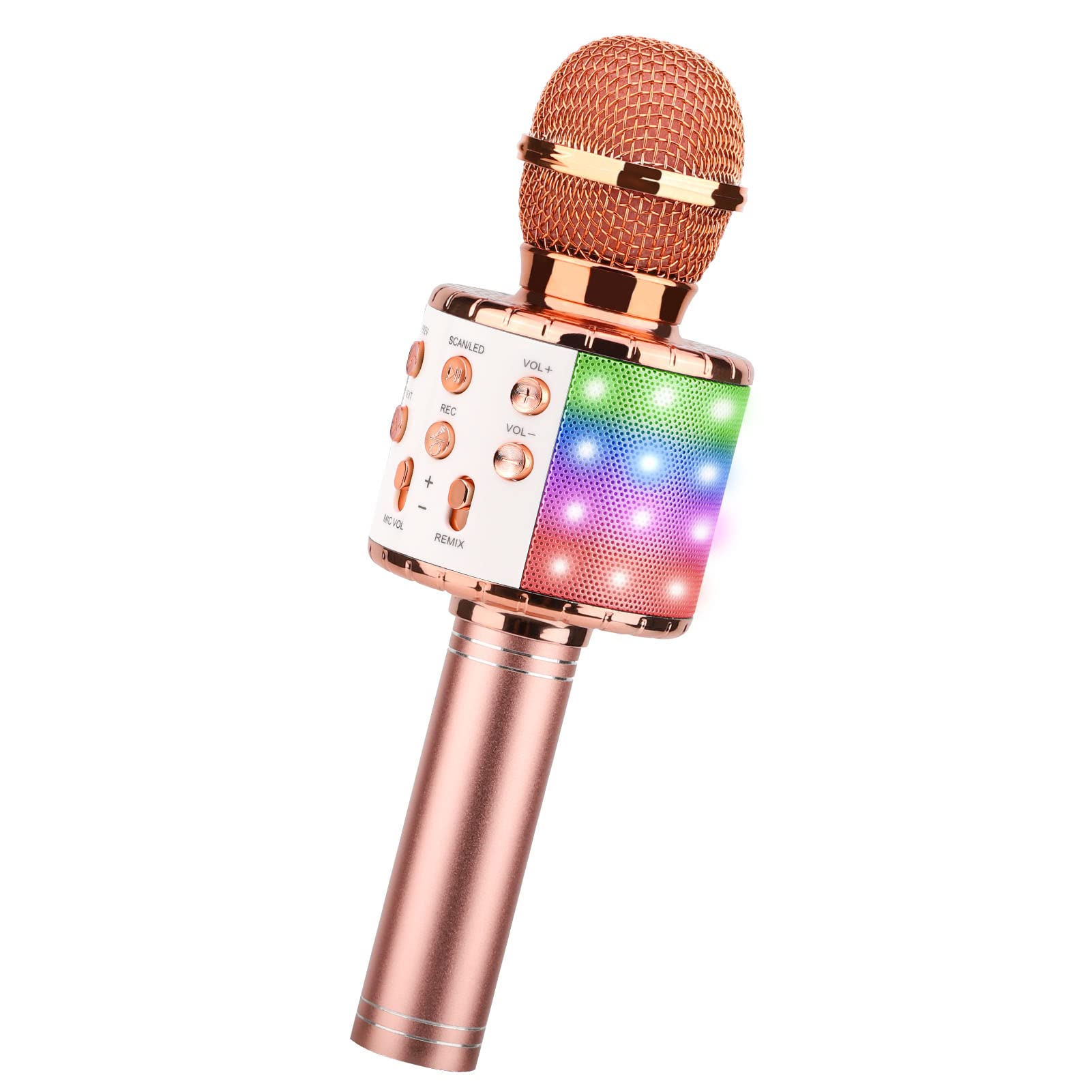 Ein roségoldenes Karaoke-Mikrofon mit bunten Lichtern und Bedienelementen.