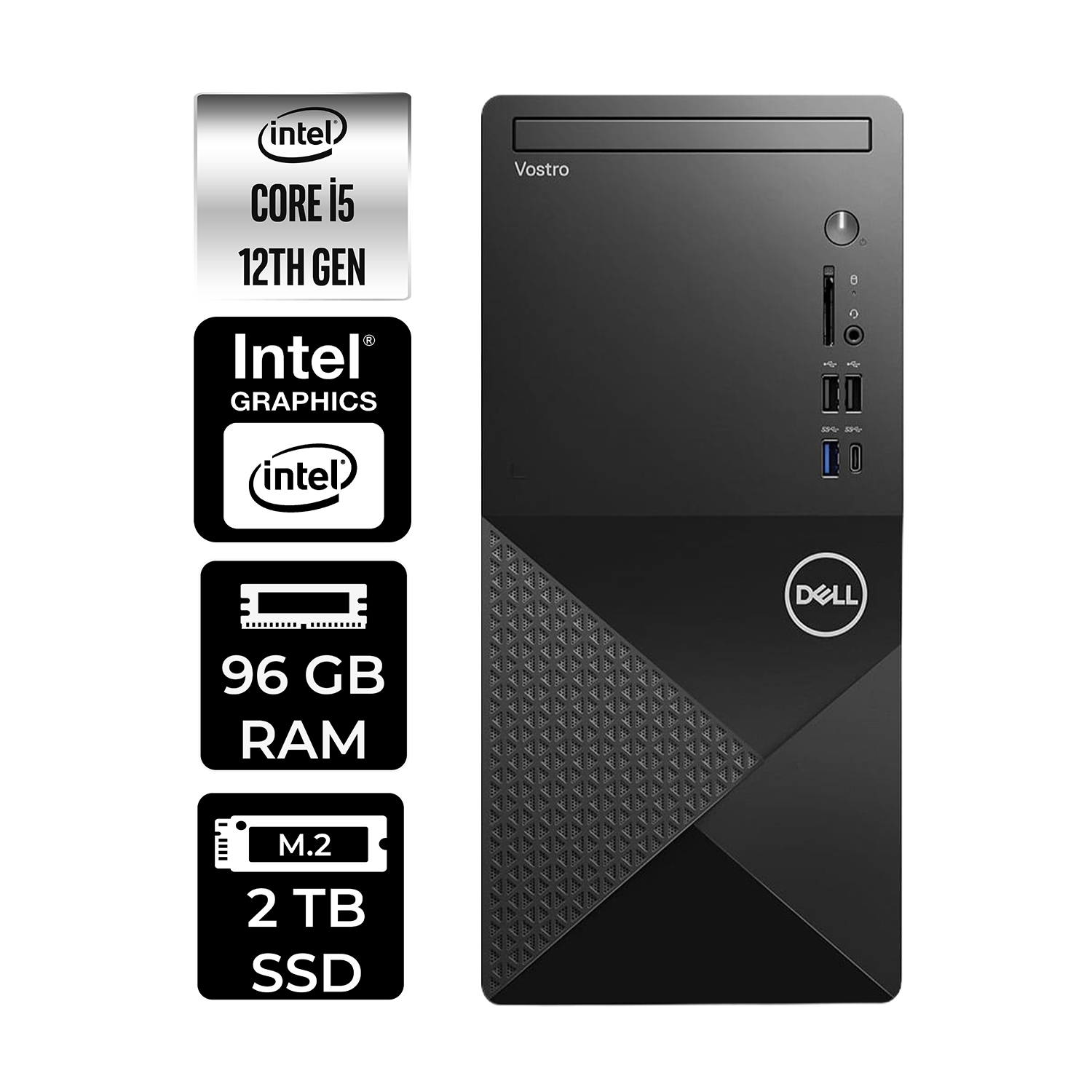 Intel Core i5 12. Nesil, 96 GB RAM, 2 TB SSD'li Dell Vostro masaüstü.
