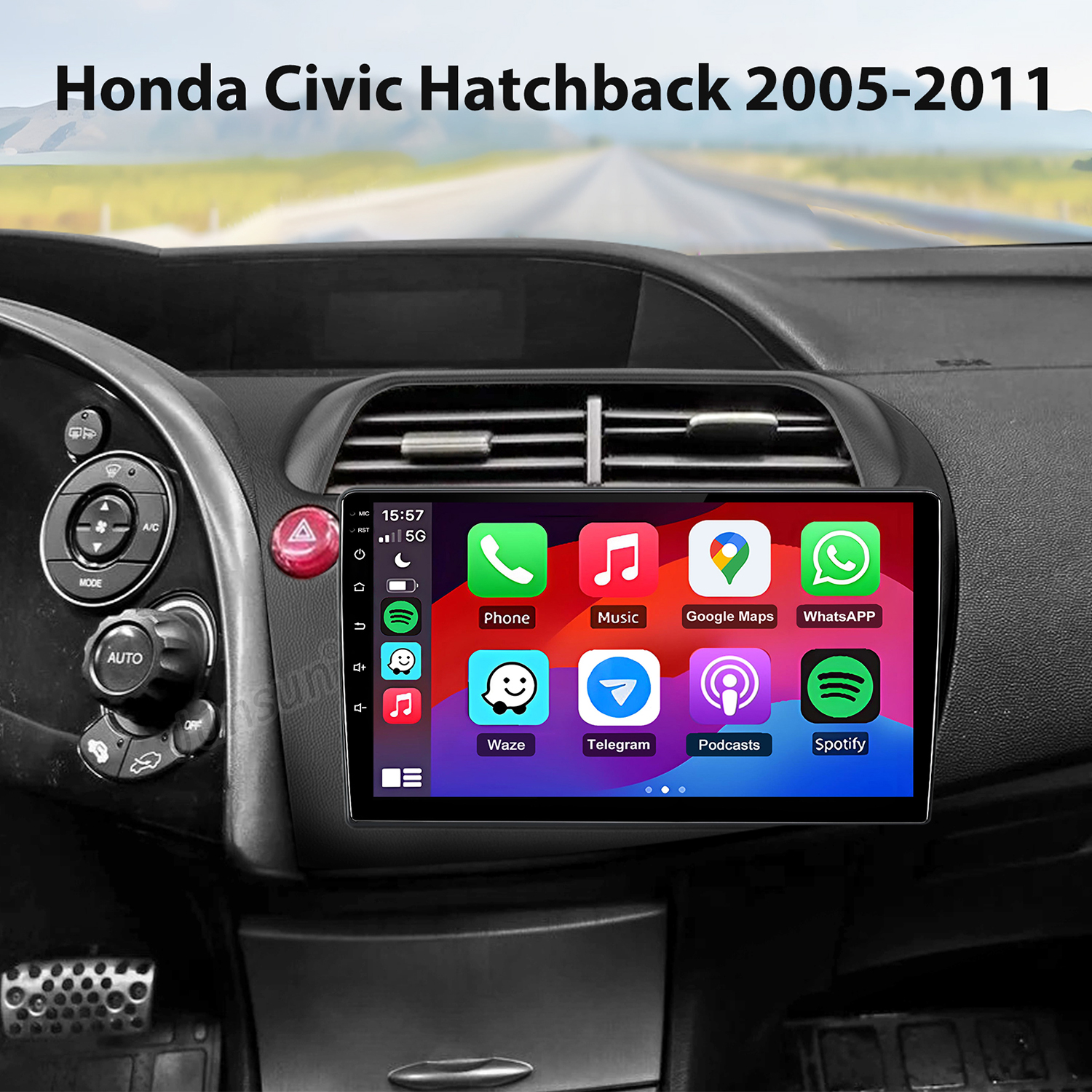 Autodashbord mit großem Touchscreen, der Telefon, Musik, Karten und Apps anzeigt.