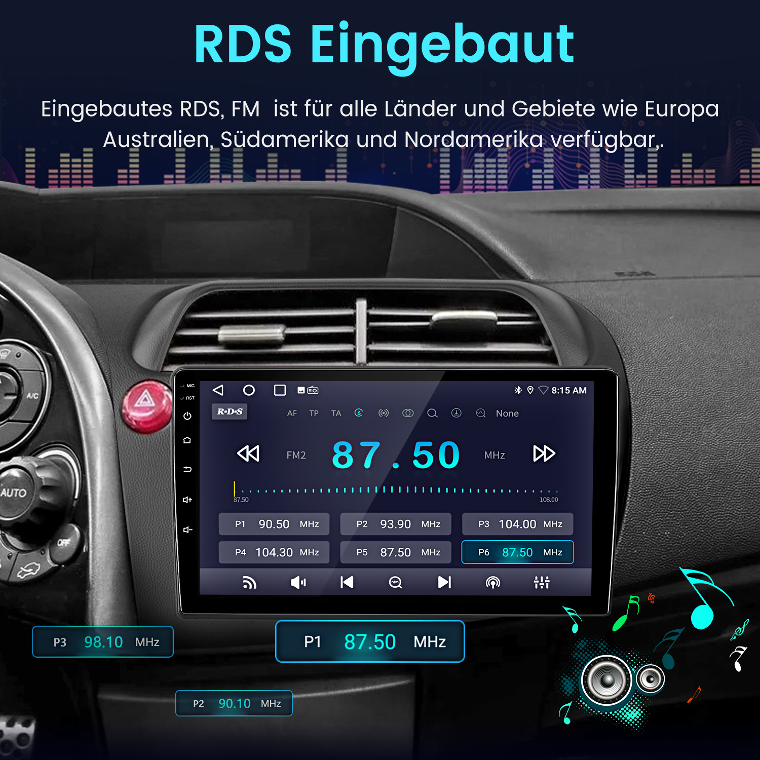 Ein Autoradio-Display zeigt FM2 mit 87.50 MHz und Sender-Presets.
