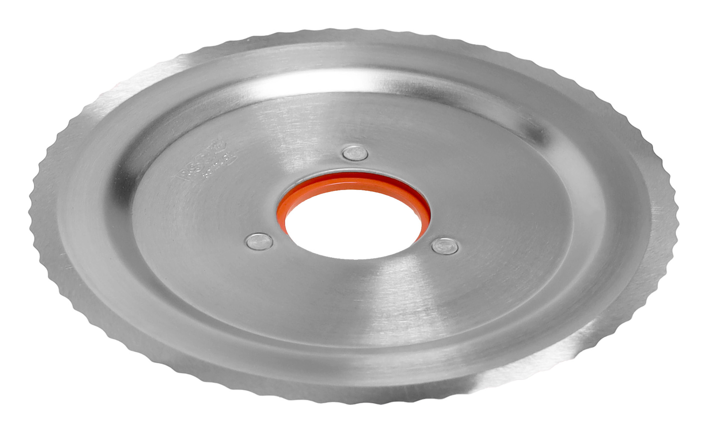 Eine silberne gezahnte Scheibe mit einem zentralen orangefarbenen Ring und drei Nieten.