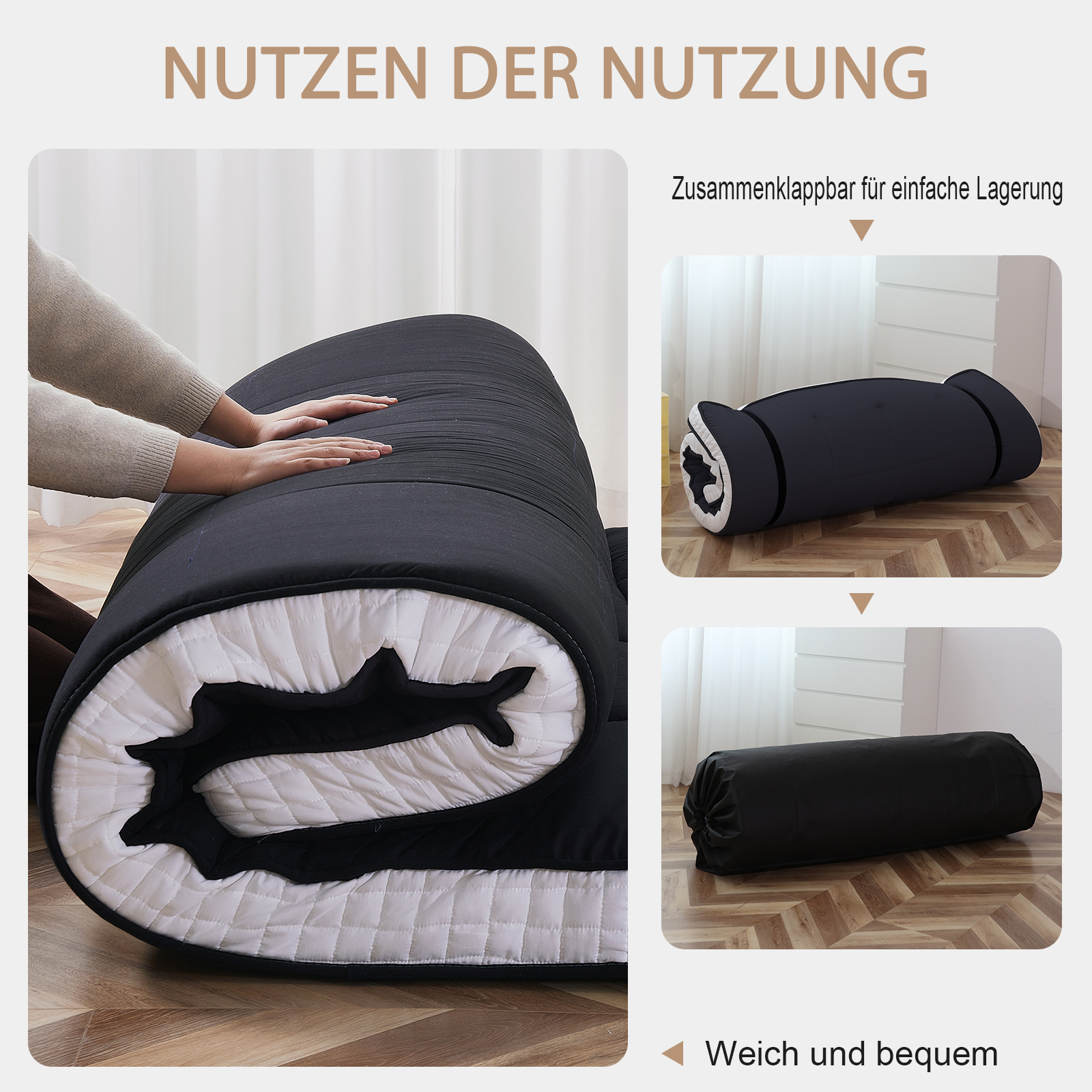 Schwarze Matratze wird gerollt. Links Hände darauf, rechts gerollt u. verpackt.