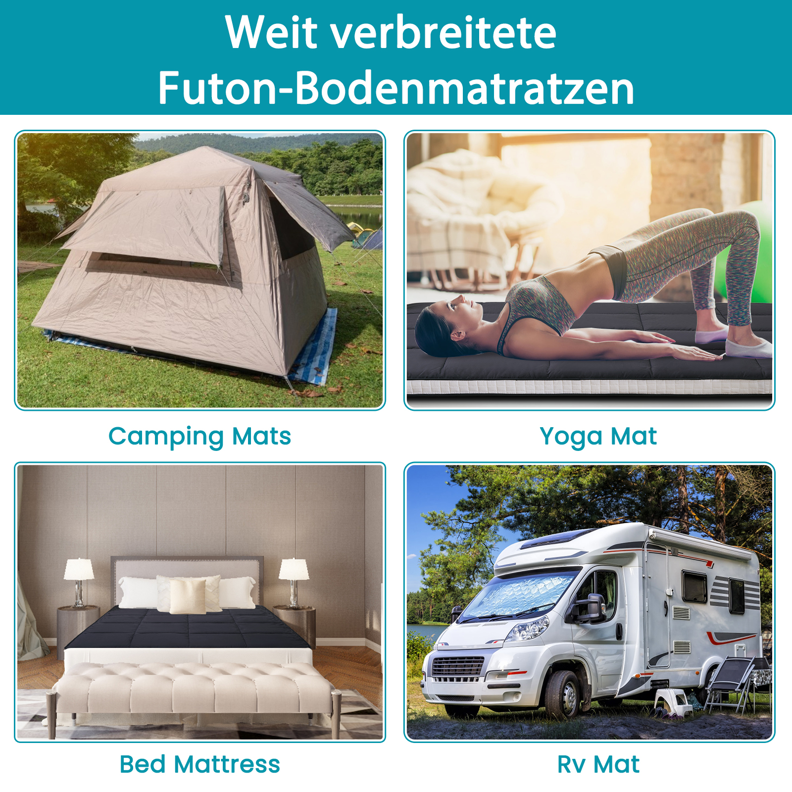 Ein Zelt auf Gras, eine Frau auf einer Yogamatte, eine Matratze auf einem Bett, ein Wohnmobil im Freien.
