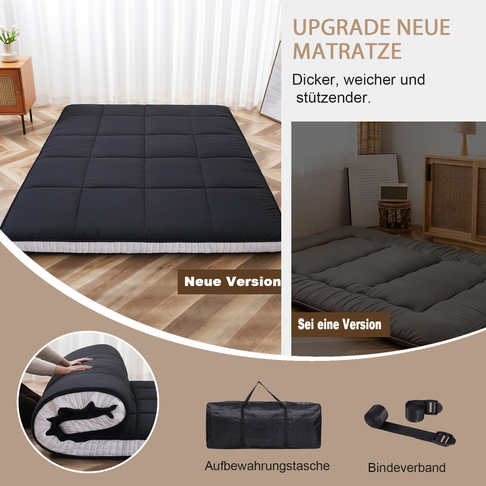 Schwarze und graue Matratzen im Vergleich, mit Zubehör.