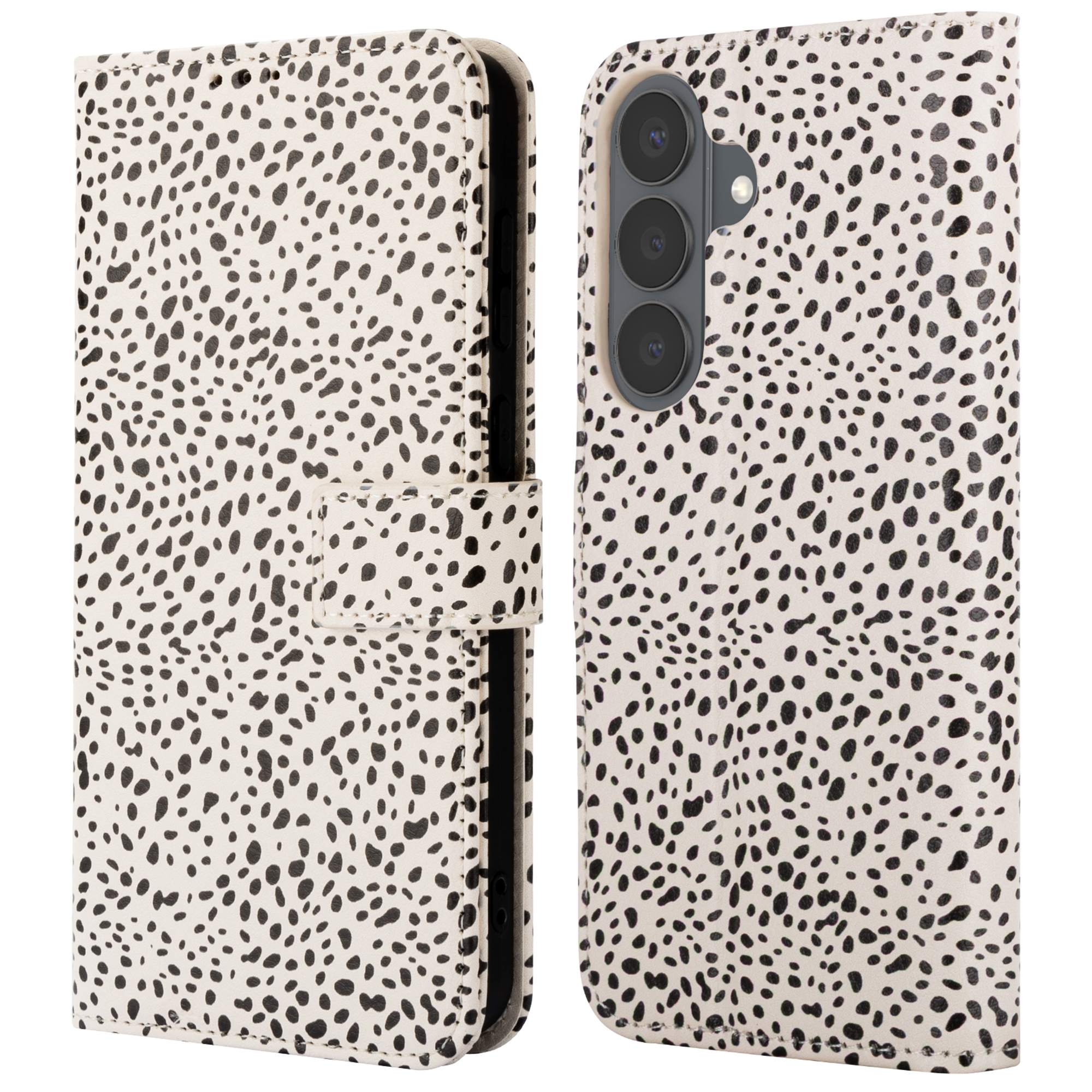 Een wit telefoonhoesje met zwart gespikkeld patroon, open.