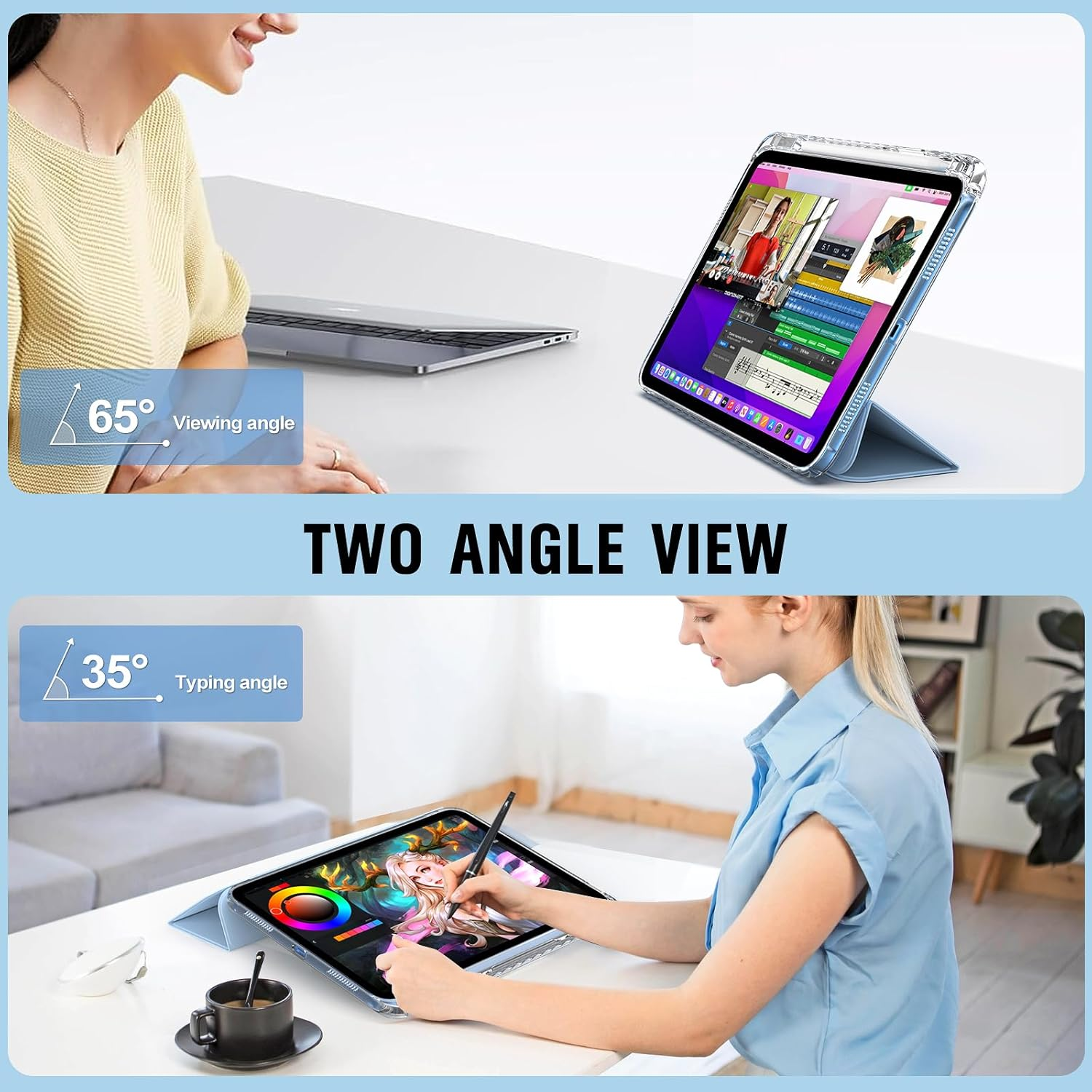 Tablet im Ständer bei 65° Betrachtungswinkel und 35° Tippwinkel.