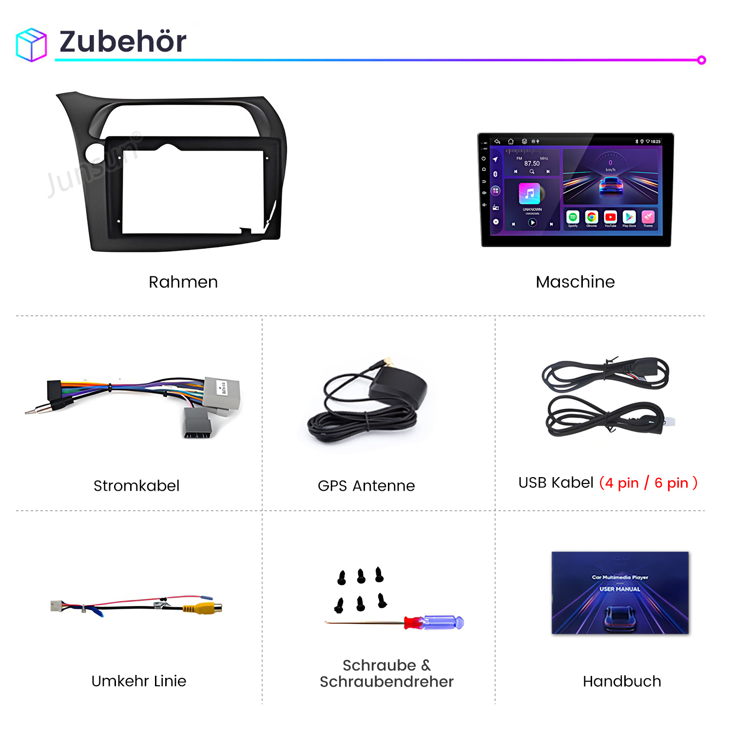 Zubehör: Rahmen, Maschine, Stromkabel, GPS Antenne, USB Kabel, Umkehr Linie, Schrauben, Handbuch.