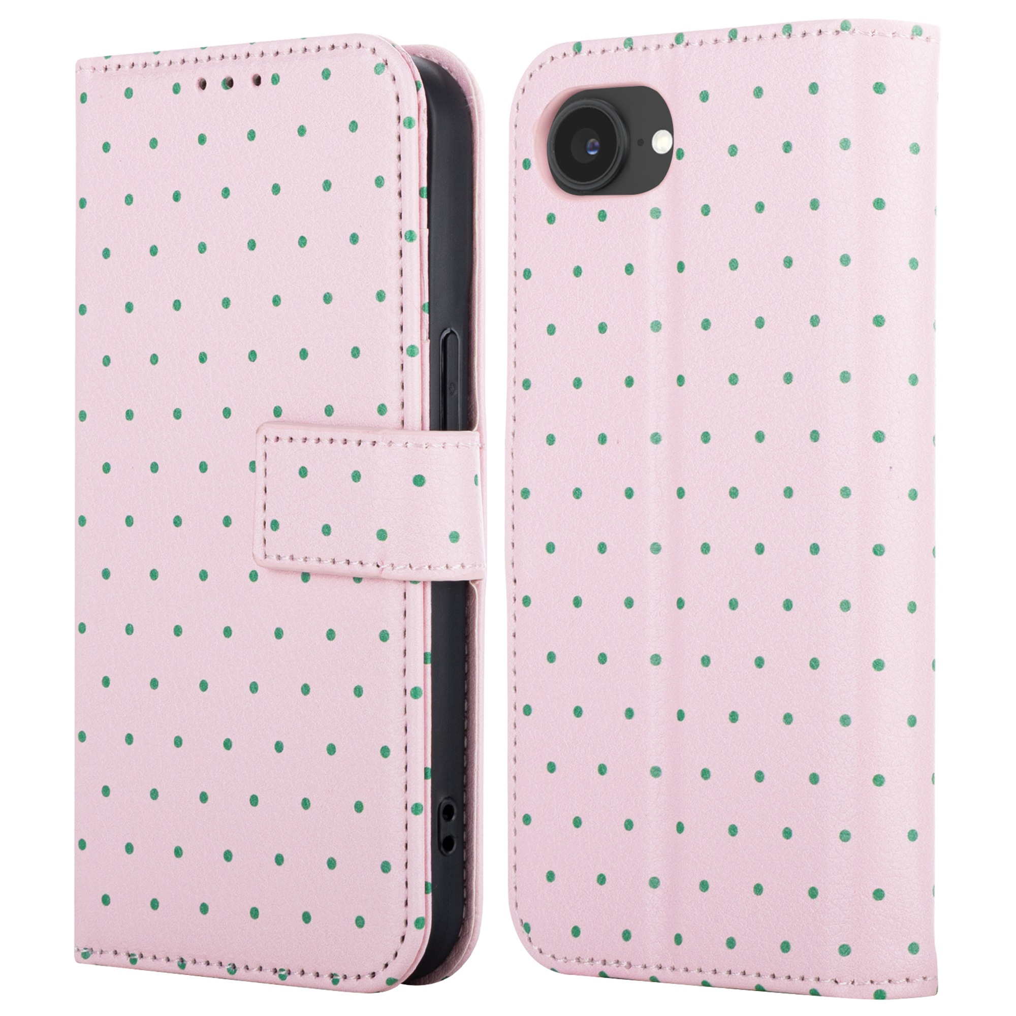 A pink polka dot phone case, open showing the phone inside.